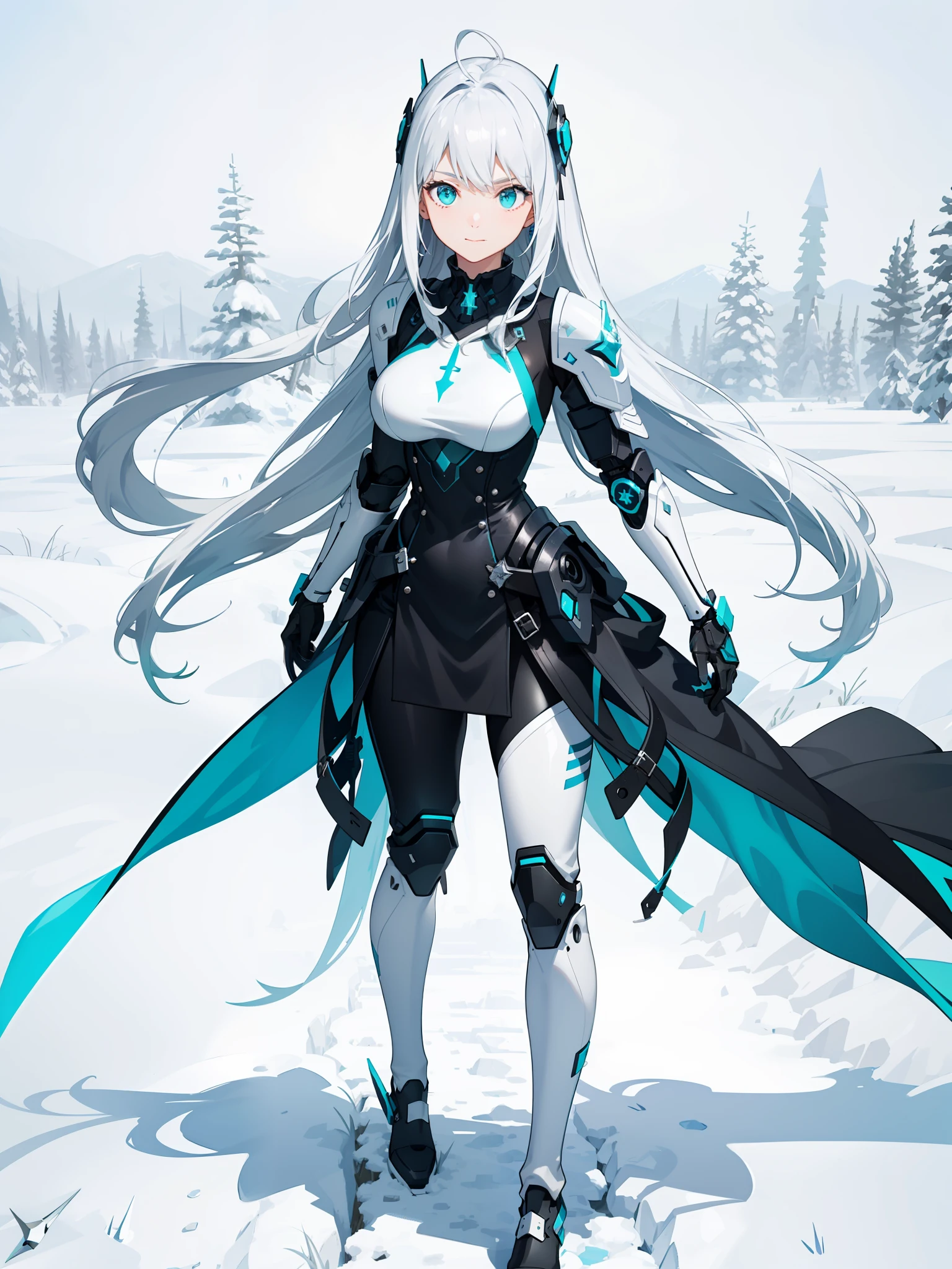 ({best quality}, {{masterpiece}},, {highres}),extremely detailed 8K wallpaper,anime_3D_Rendering,(solo,1girl),ager,curvaceous_body,d_cup_breasts,detailed_face,slender waist,floating,perspective,beautiful_face,ample_breasts,high_saturation coloring,prodigy_girl,looking at viewer,standing next to viewer,confident,isomeric_view,realistic_lighting,ray_tracing,character_splash_art,honkai_star_rail
Full detailed face,(vivid_silver_hair,detailed hair,shoulder-long hair,twintail hairstyle,icy_blue tips,aqua inner hair,straight flowy hair,base tied with sharp hairclips,loose end,flowy,detailed),(two strands of silver hair framing face),singke white ahoge hair
(two sets of dual white blade-shaped mechanical headpiece,white antenna,pointy,blue at edge),(deep azure eyes,white cross pupil,realistic eyes,sharp eyes edge),head mounted display
((White and black mechanical battlesuit,figure-hugging)),(white long gloves,silky,detailed hands,darkblue edge),long sleeves,elbow pads,white armor figure-hugging vest around breasts,darkblue edge,dark blue medals on vest,(white and azure hoodie),(white mechanical armor corset,a few slate blue glowing lines,black zipper),(white and aqua flowy capes,edged trims,minor light blue lining at tips),(black waistband,two silver holsters attached to waistband),(knee-length white mechanical dress,segmented hem,),white tassets,thigh-length,(black leggings),(blue legband around leg thigh,buckle),(long armor mechanical silver dress,elegant,trims,blue edge line),(black leggings),(white long combat boots,heeled)
,snowy weather,standing amidst snowy forests,tyndall effect rays of light,tfloating,broodiding,calm expression,gentle smile,left hand on hips pose,right palm loose and empty,vivid facial expressions