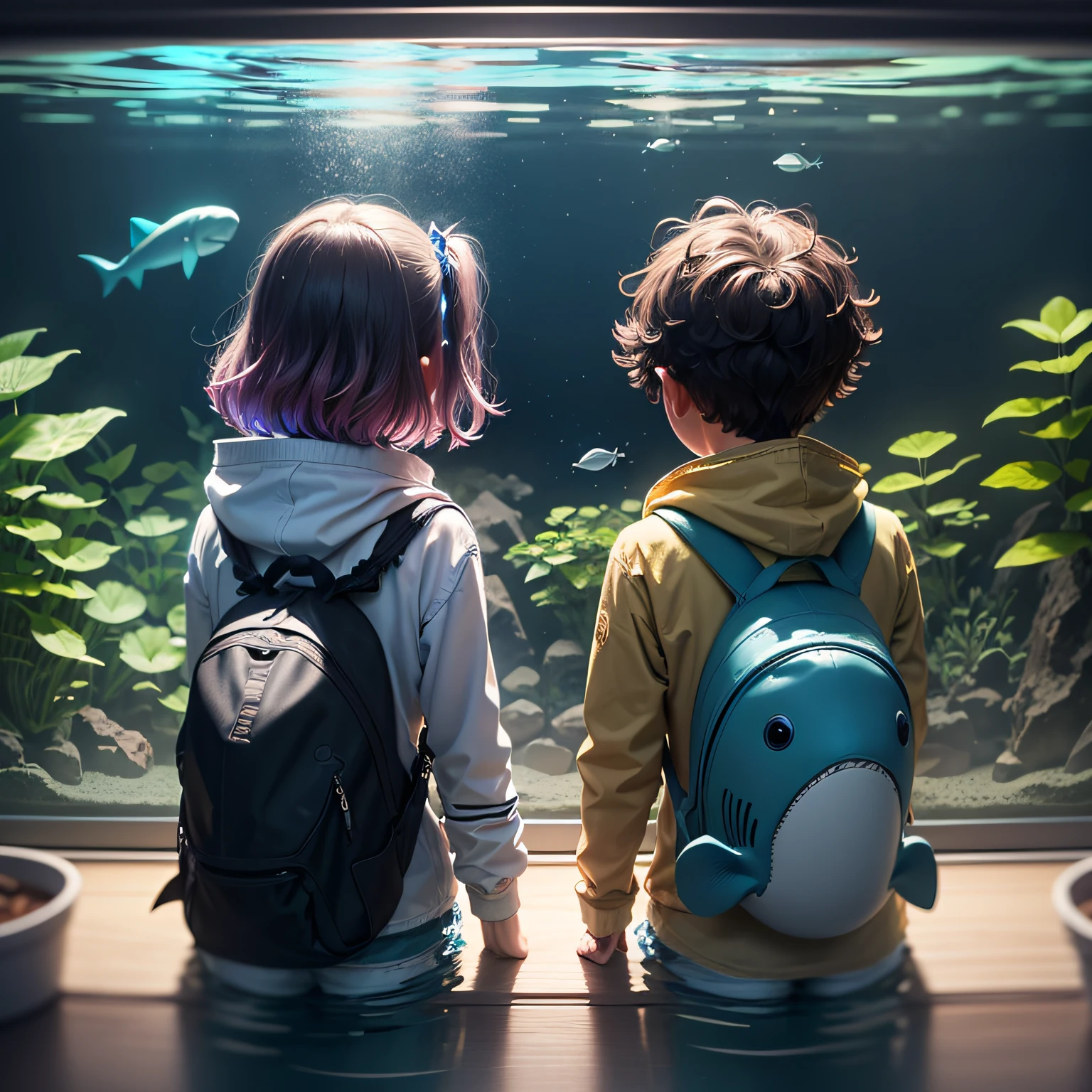In the dim light, the water is sparkling, and sharks and beautiful rainbow-coloured fish swim in the aquarium's large tank. Two children are looking at the tank. Their backs are silhouetted.