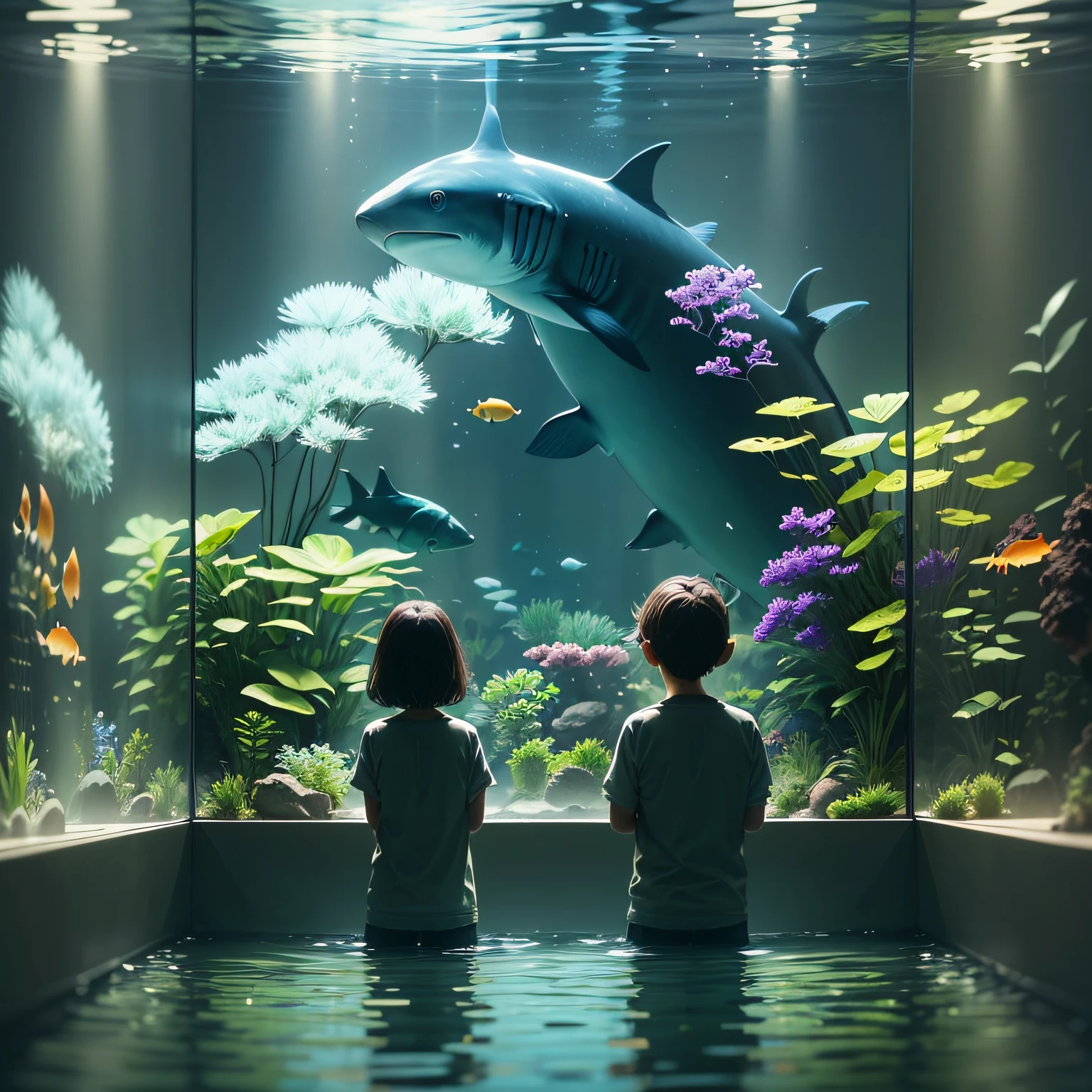 In the dim light, the water is sparkling, and sharks and beautiful rainbow-coloured fish swim in the aquarium's large tank. Two are looking at the tank. Their backs are silhouetted.