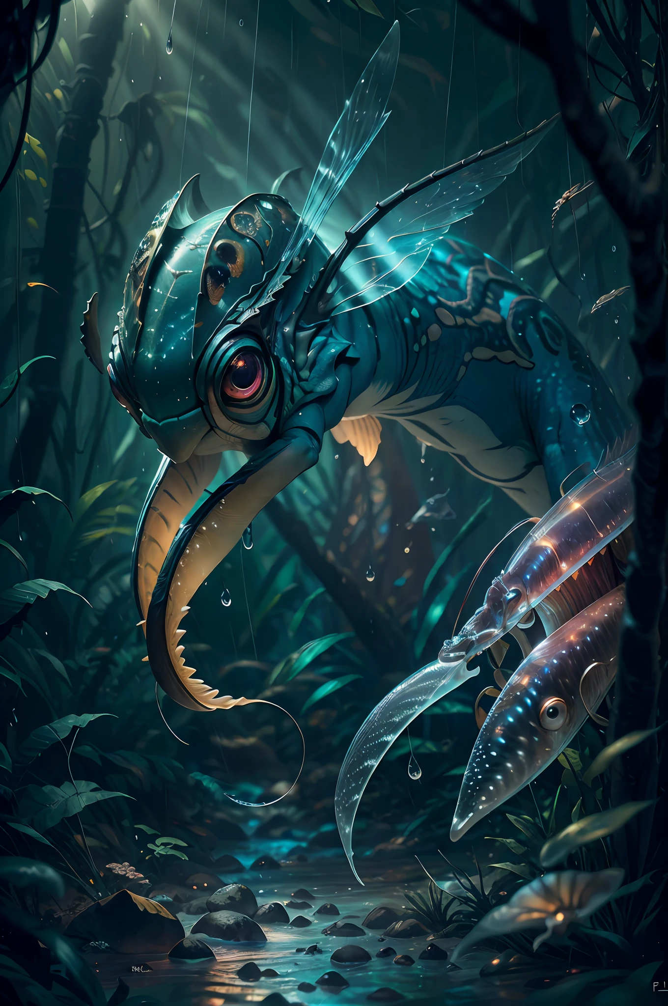 Giant creature on the jungle, six legs creature whith transparent and lighting body, cristal wings, walking on all six legs, (((cuttlefish head))), ((four eyes)), six leghs, in the jungle, jungle, rain forest, high image quality, realistic look, high-resolution photography, 8K, full-frame matrix, deep shadows, ((one character)), (intricate details, subsurface scattering, hyperdetailed:1.15), (hyperrealism, volumetric lighting, sharp:1.5) Fujifilm XT3