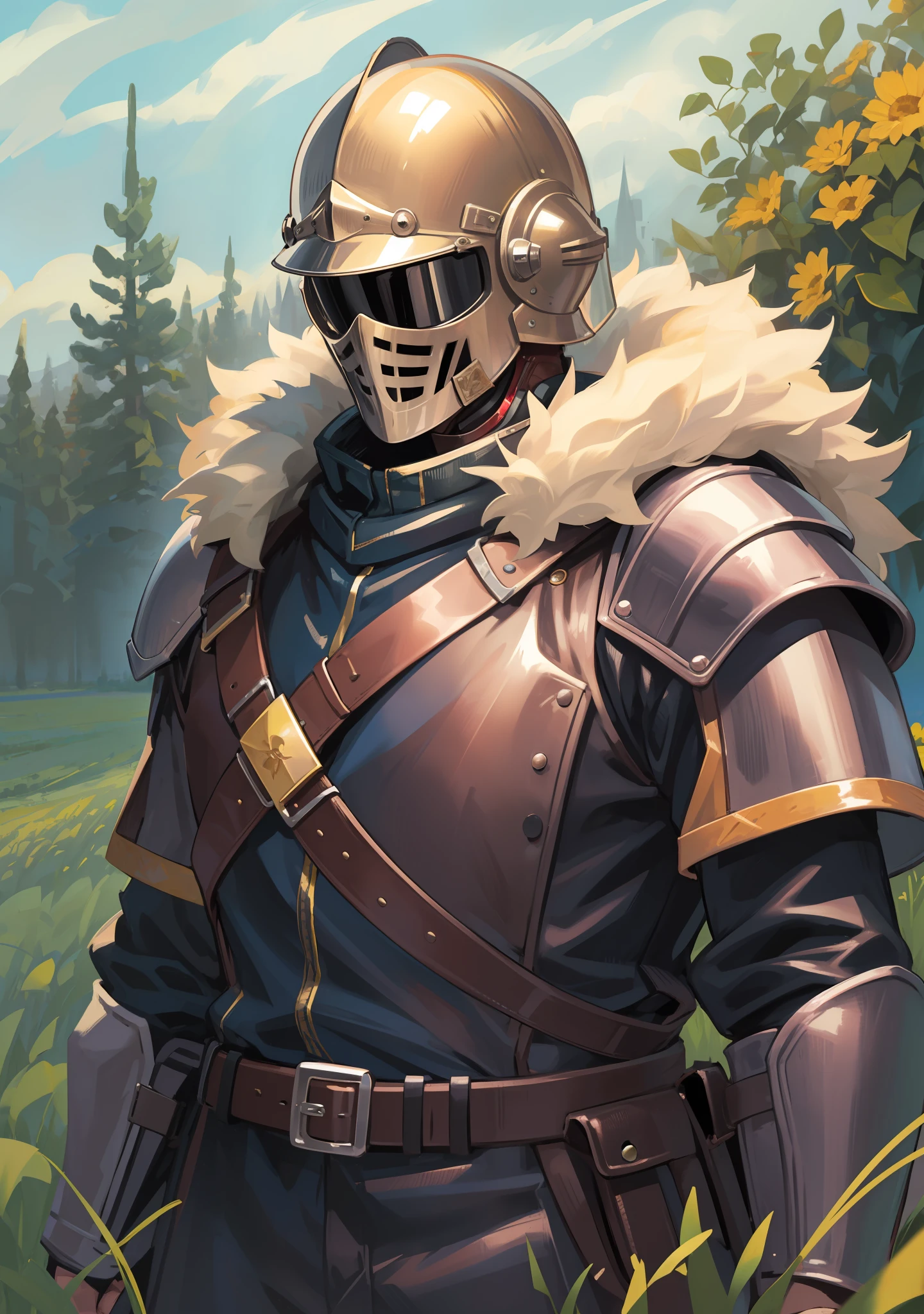 The highest quality, very detailed, a man in a leather jacket with fur from World War II, (closed helmet like knights 1. 8) , a weapon in his right hand, devastated fields, fatigue,