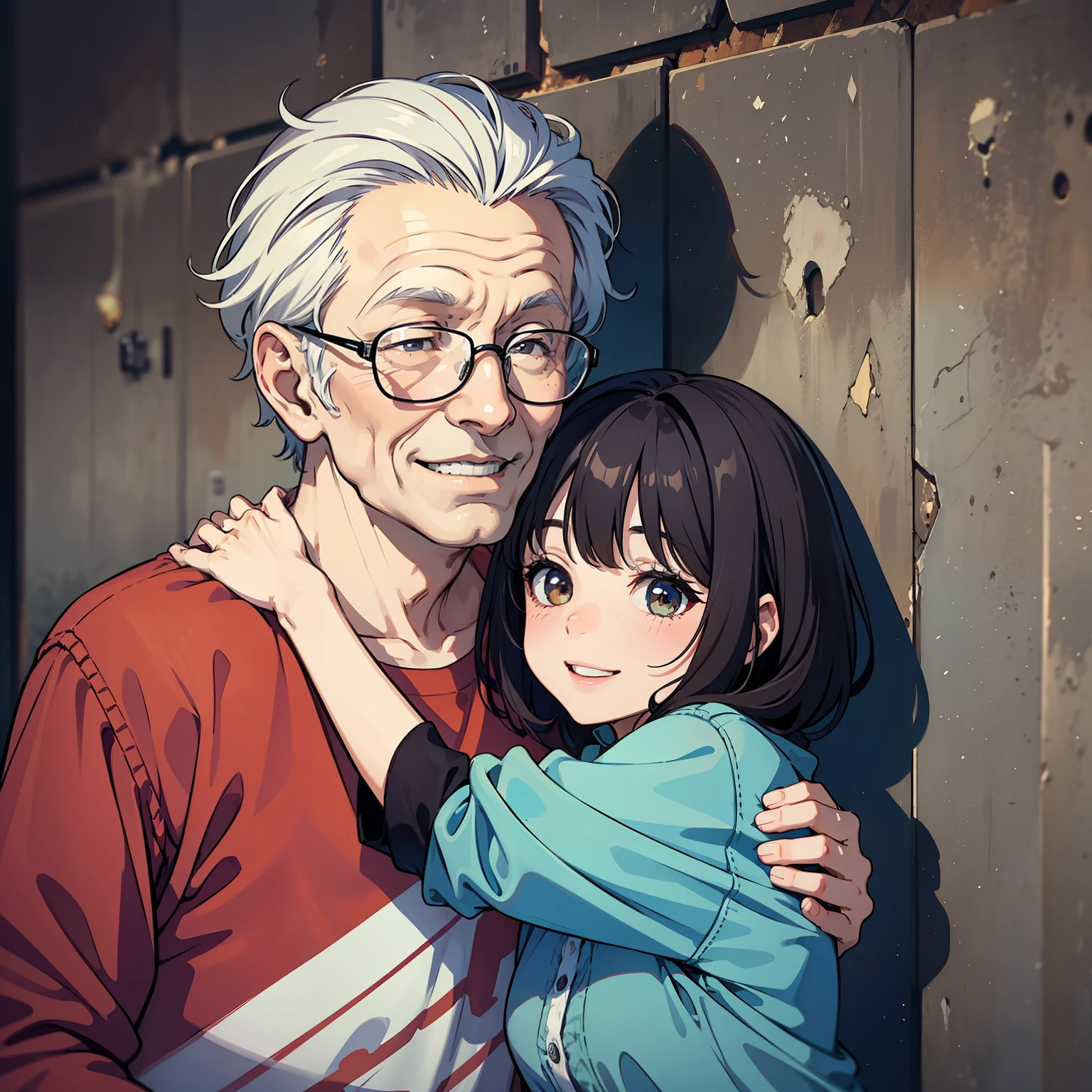 Grandpa and grandma are hugging and smiling cute girl