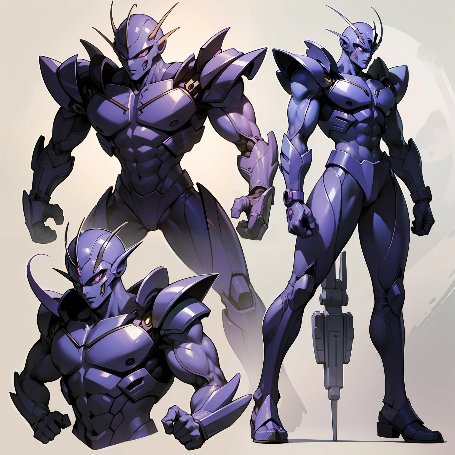 Unusually developed muscular body, cartoon alien with claws and purple body, beetle shell, cel shade, guyver style, full body