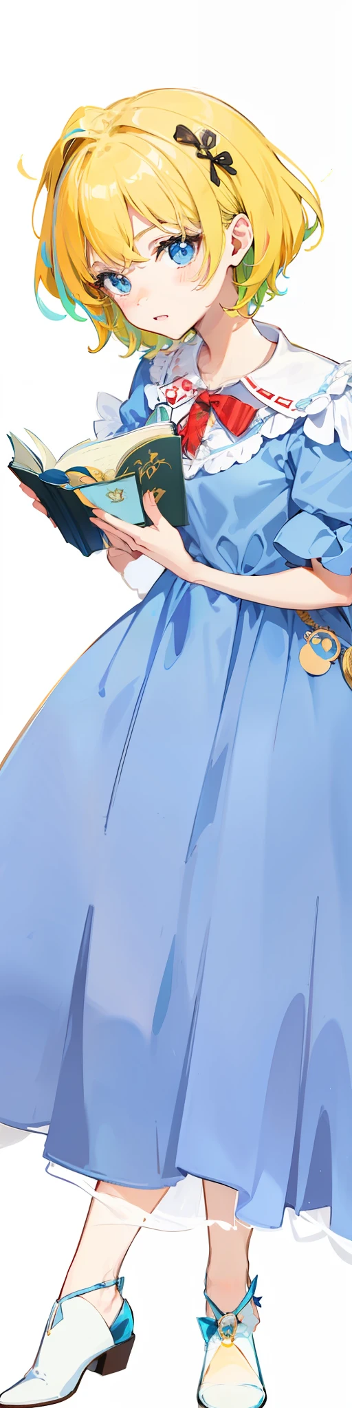 Short blonde hair, blue dress, red hair card, blue eyes, holding a book