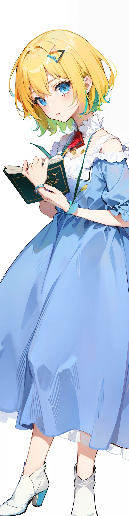 Short blonde hair, blue dress, red hair card, blue eyes, holding a book