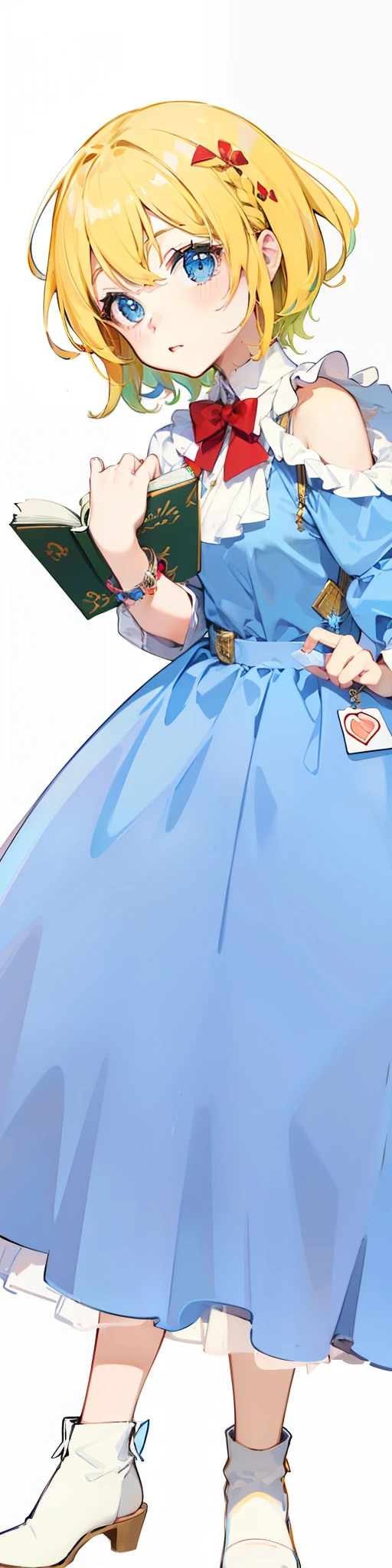Short blonde hair, blue dress, red hair card, blue eyes, holding a book