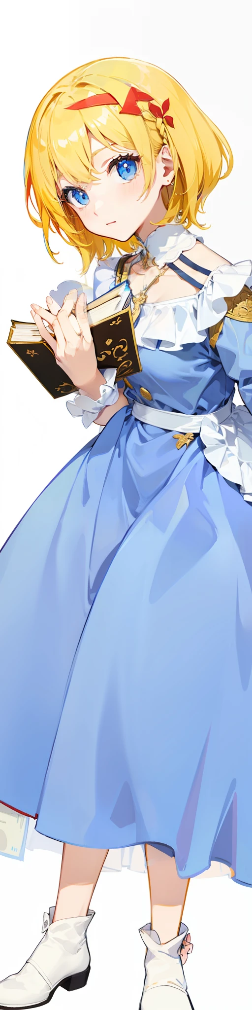 Short blonde hair, blue dress, red hair card, blue eyes, holding a book