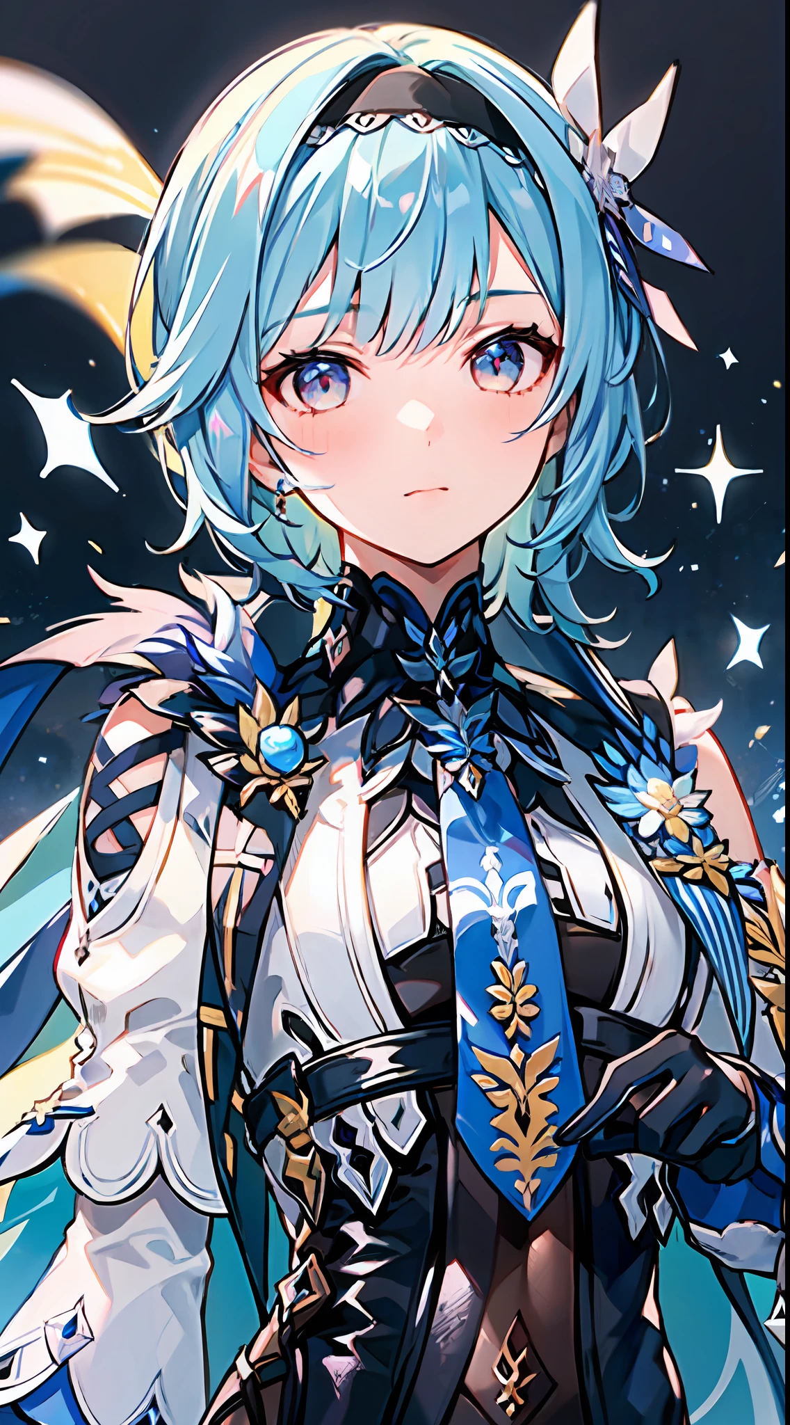 1girl, (solo:1.2), ((masterpiece)), [slim], (small chest), ((detailed eyes)), (bokeh effect), medium shot, euladef, (light blue hair), short hair, black hairband, (blue gloves), (blue tie), elegant