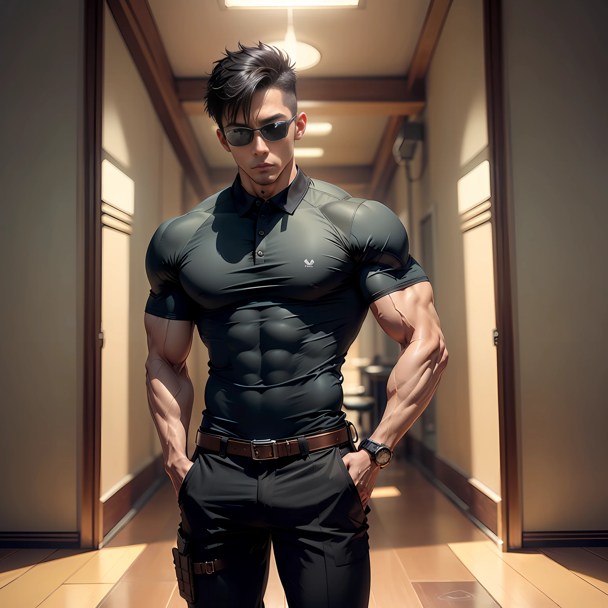 Asian young muscular man, black polo shirt, (brown tactical trousers), tactical belt, (male bulge, male bulge), crotch up, (wearing black goggles), standing in the dormitory hallway, bending and showing arm muscles, bruises, arm hair, faint hair on the abdomen, full muscles, masculine, tough, watch, masculine smell, frontal --auto