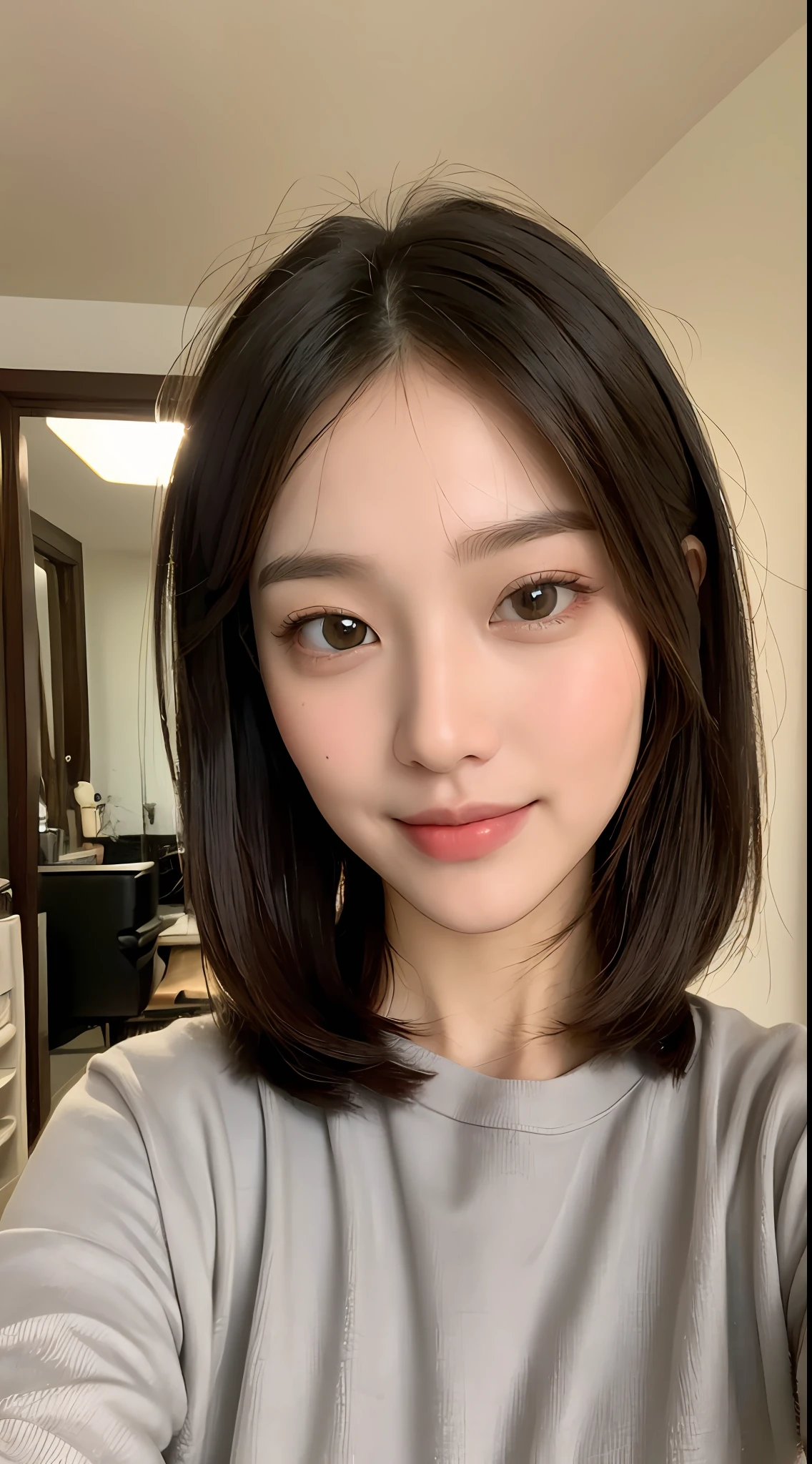 ((Best Quality, 8K, Masterpiece: 1.3)), 1 Girl, Slim Abs Beauty: 1.3, (Hairstyle Casual, Big: 1.2), Dress: 1.1, Super Slender Face, Delicate Eyes, Double Eyelids, Smile, Home, Raw Photo