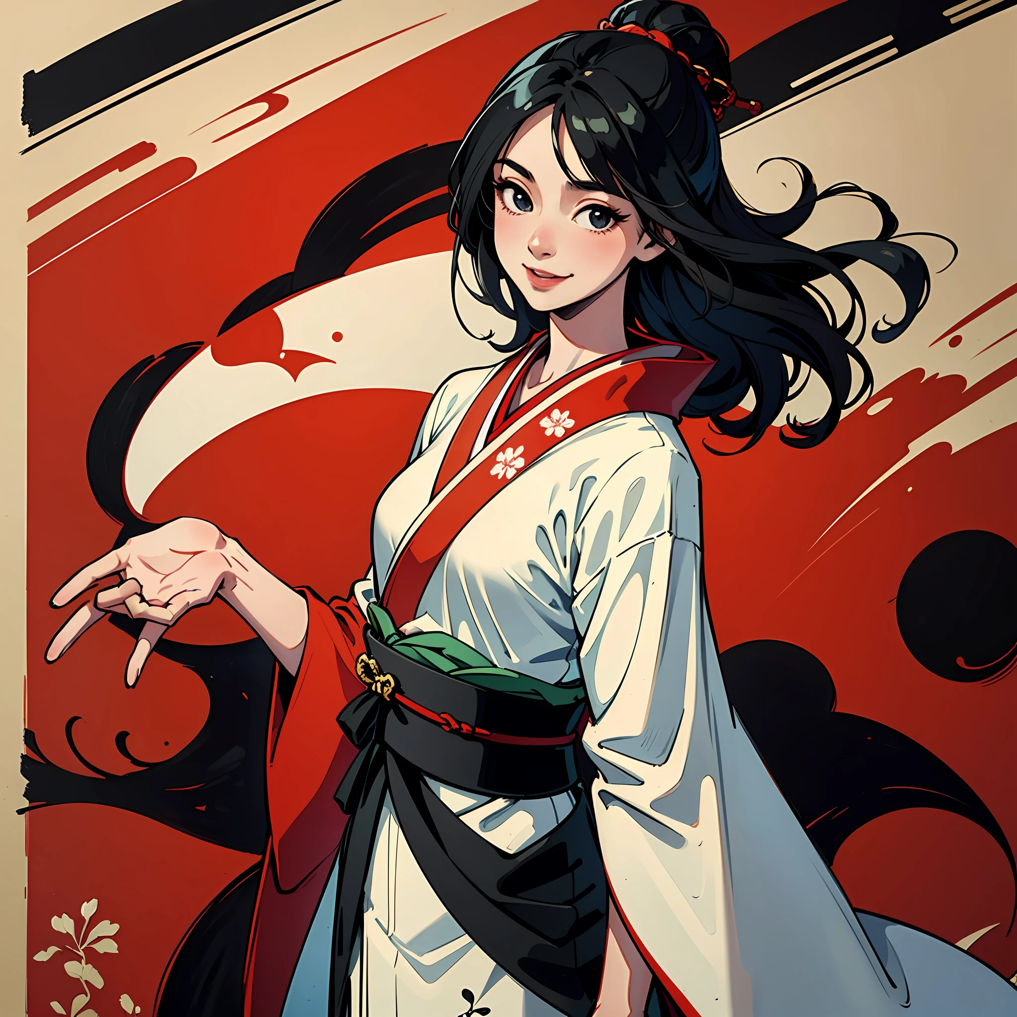 ((4k, masterpiece, top quality)), Shui Mobi Sim, traditional Japan ink painting, Kano school, kimono, Japan girl, one girl to dress modestly, solo, long black hair, smile, standing, --auto
