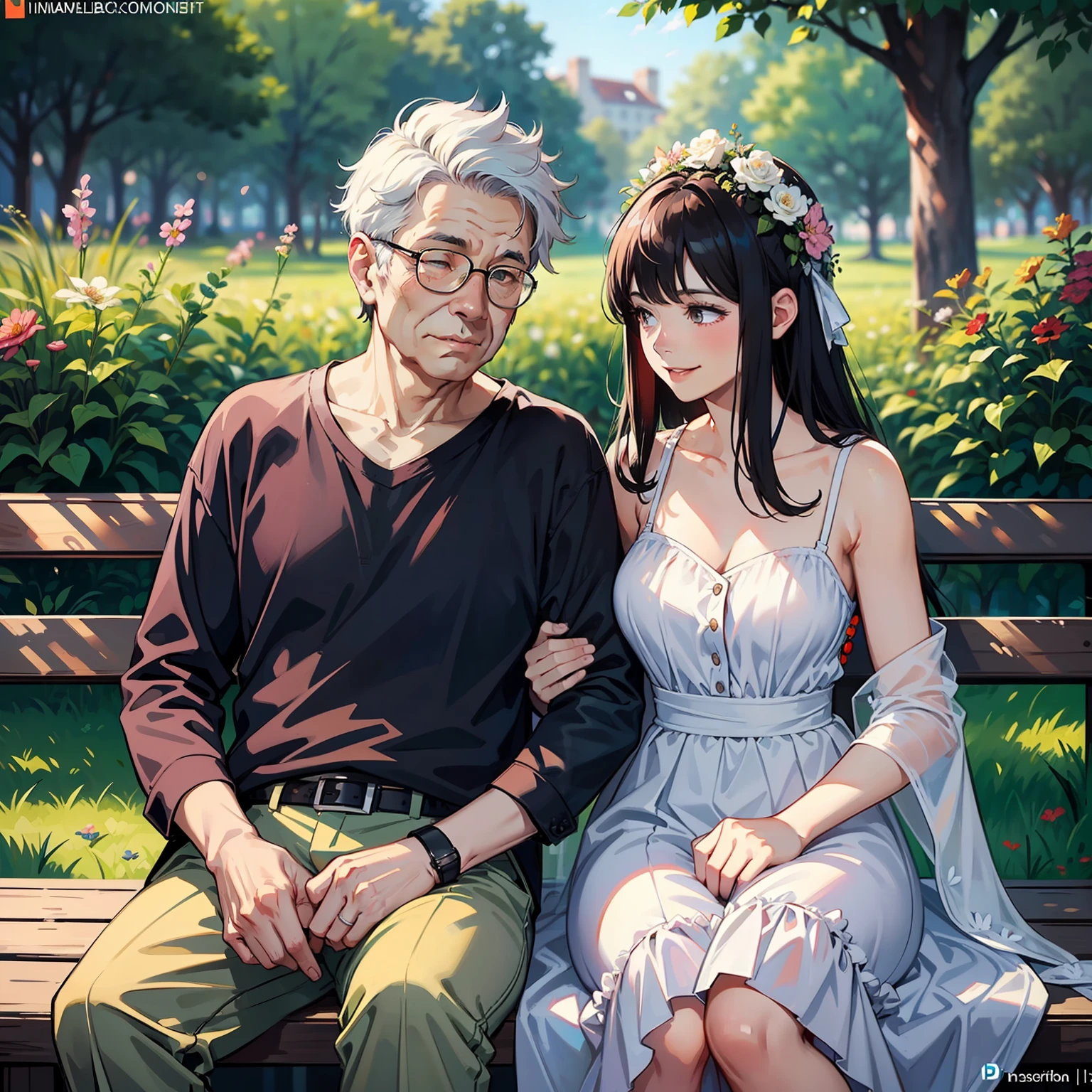 Masterpiece, photorealistic 8K: a couple, identified as "Mom and Dad," sitting on a bench in a park with flowers. The caption indicates that it is the "end of an era" and that the photo was taken in 2020. The couple appears smiling and happy, in an artistic pose posed for a photo shoot. The photo is an illuminated portrait, with a careful composition, indicating that it was taken by a professional photographer. The photo description also describes the couple as "lovely" and "two elderly people," suggesting they've been together for a long time. The text also mentions "old school," indicating that the couple has a certain nostalgia for the past. The caption uses the phrase "having a time of our non-life," which can be interpreted as the couple enjoying a full and happy life together, even in old age. The presence of the flowers and the park suggests a quiet and bucolic scene, indicating that the couple is enjoying the moment and enjoying the beauty of nature.