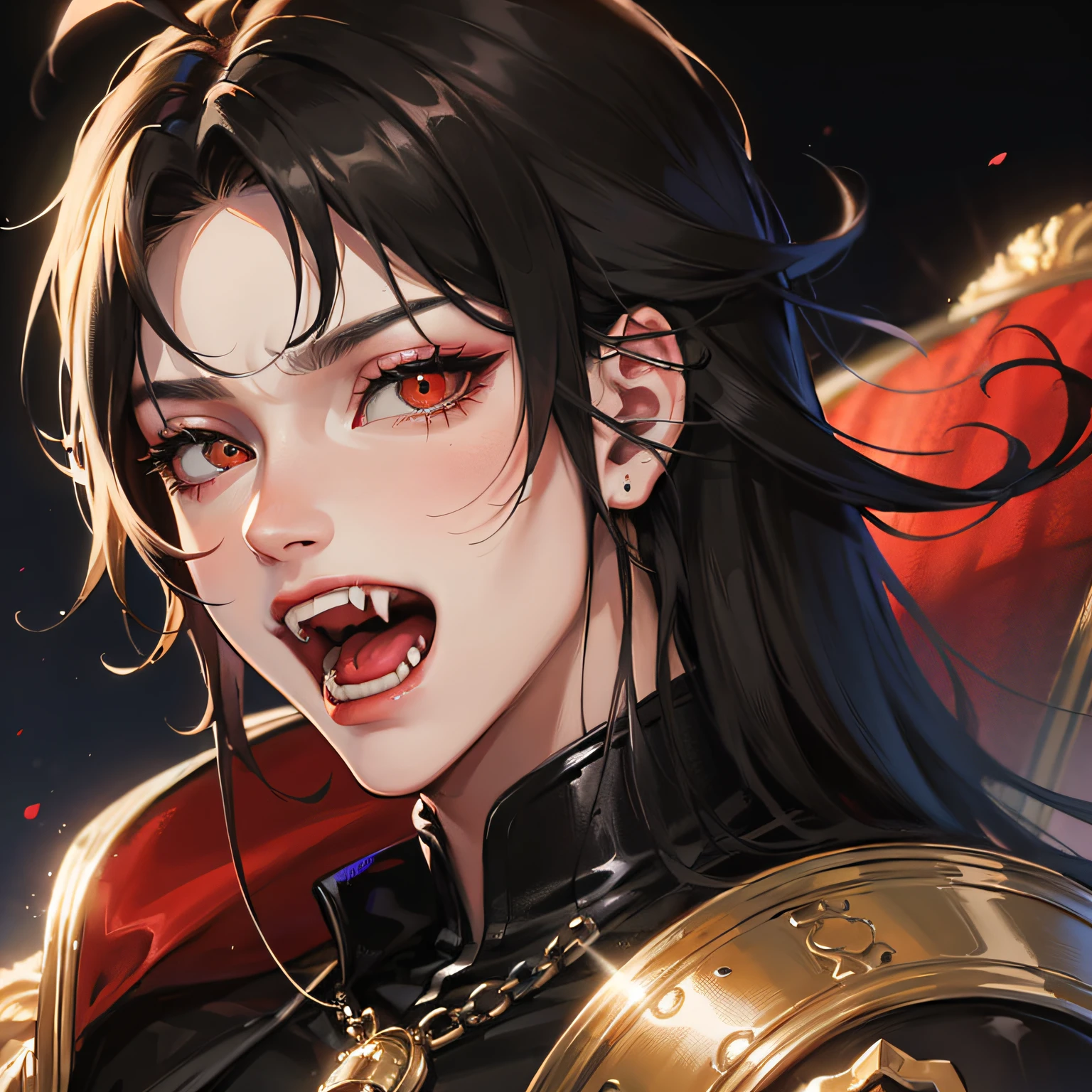 Absurd, high resolution, super detailed), 1 male, adult, handsome, tall muscular man, broad shoulders, black suit, scarlet eyes and delicate face, black hair, fantasy, vampire, fangs, fangs