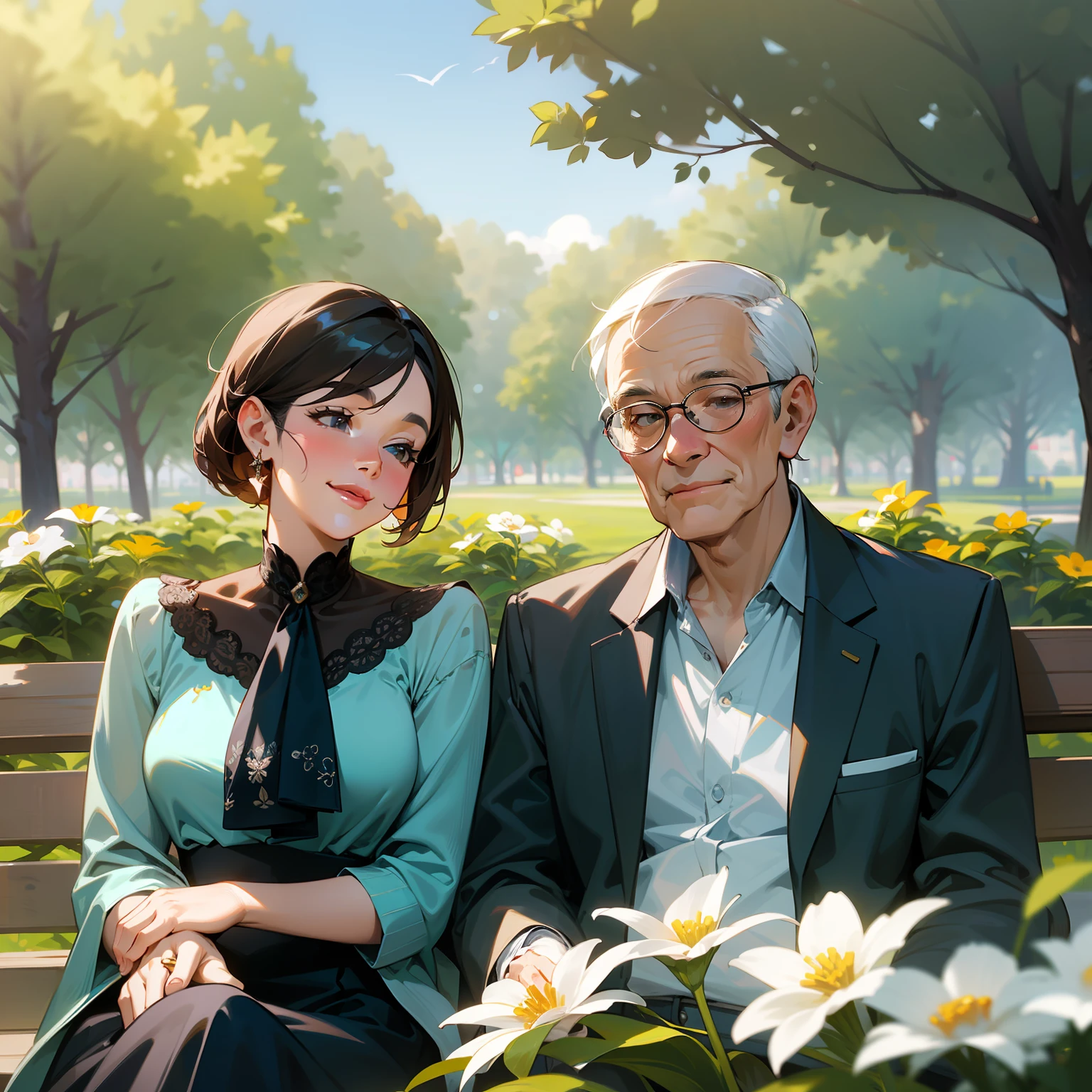 Masterpiece, photorealistic 8K: a couple, identified as "Mom and Dad," sitting on a bench in a park with flowers. The caption indicates that it is the "end of an era" and that the photo was taken in 2020. The couple appears smiling and happy, in an artistic pose posed for a photo shoot. The photo is an illuminated portrait, with a careful composition, indicating that it was taken by a professional photographer. The photo description also describes the couple as "lovely" and "two elderly people," suggesting they've been together for a long time. The text also mentions "old school," indicating that the couple has a certain nostalgia for the past. The caption uses the phrase "having a time of our non-life," which can be interpreted as the couple enjoying a full and happy life together, even in old age. The presence of the flowers and the park suggests a quiet and bucolic scene, indicating that the couple is enjoying the moment and enjoying the beauty of nature.