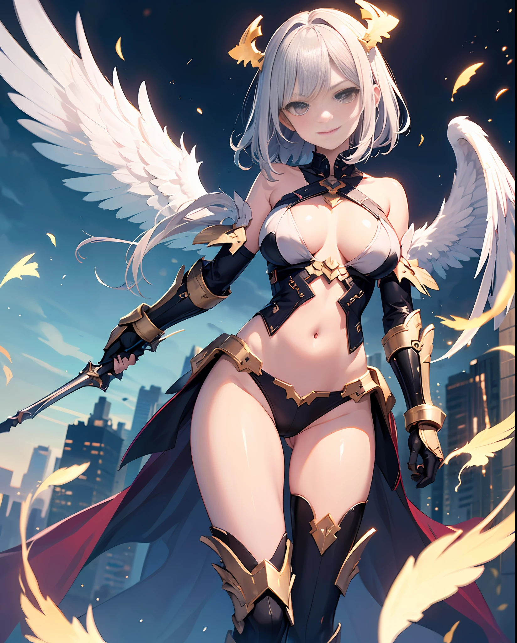 fantasy, 1angel_girl,child, loli,, medium_bob_hair, long_bangs, halo,bare_shoulder,thighhighs,silver_armor, waist_armor, large_breasts,angry,smile, 1pair_wings, dynamic_ pose_fighting,floating, bare_crotch, headgear,gauntlet, greaves,city_sky_background,slightly_spread_legs, solo, groin_naked,(masterpiece, best quality, best quality, official art, beautiful and aesthetic:1.2), (1 girl), very detailed,