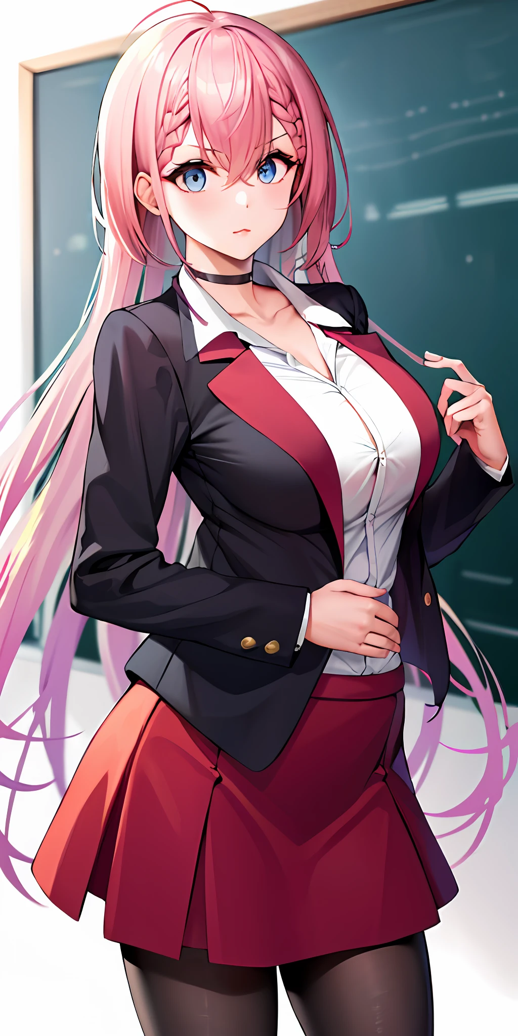 masterpiece, best quality, highres, mafuyu1, 1girl, solo, long hair, pink hair, blue eyes, red skirt, jacket, hair between eyes, braid, skirt suit, long sleeves, black pantyhose, white shirt, brown pantyhose, collarbone, large breasts, classroom, standing, cowboy shot,