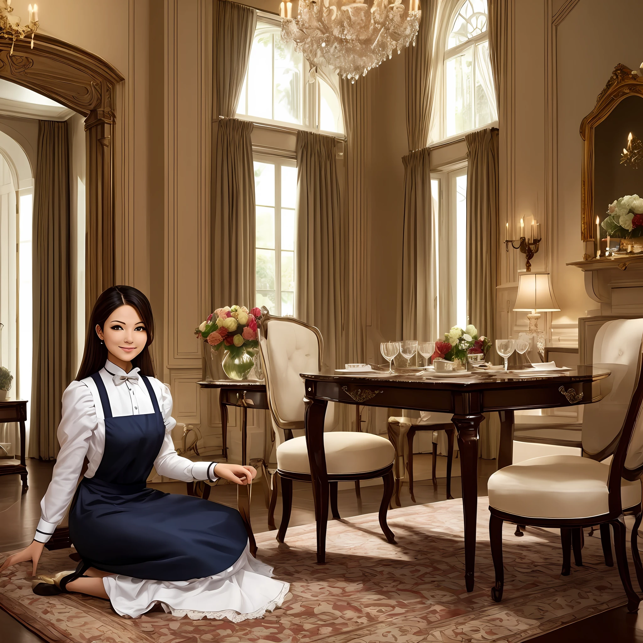 Maid serving in a luxurious and elegant home, with a tasteful and refined aesthetic. --auto