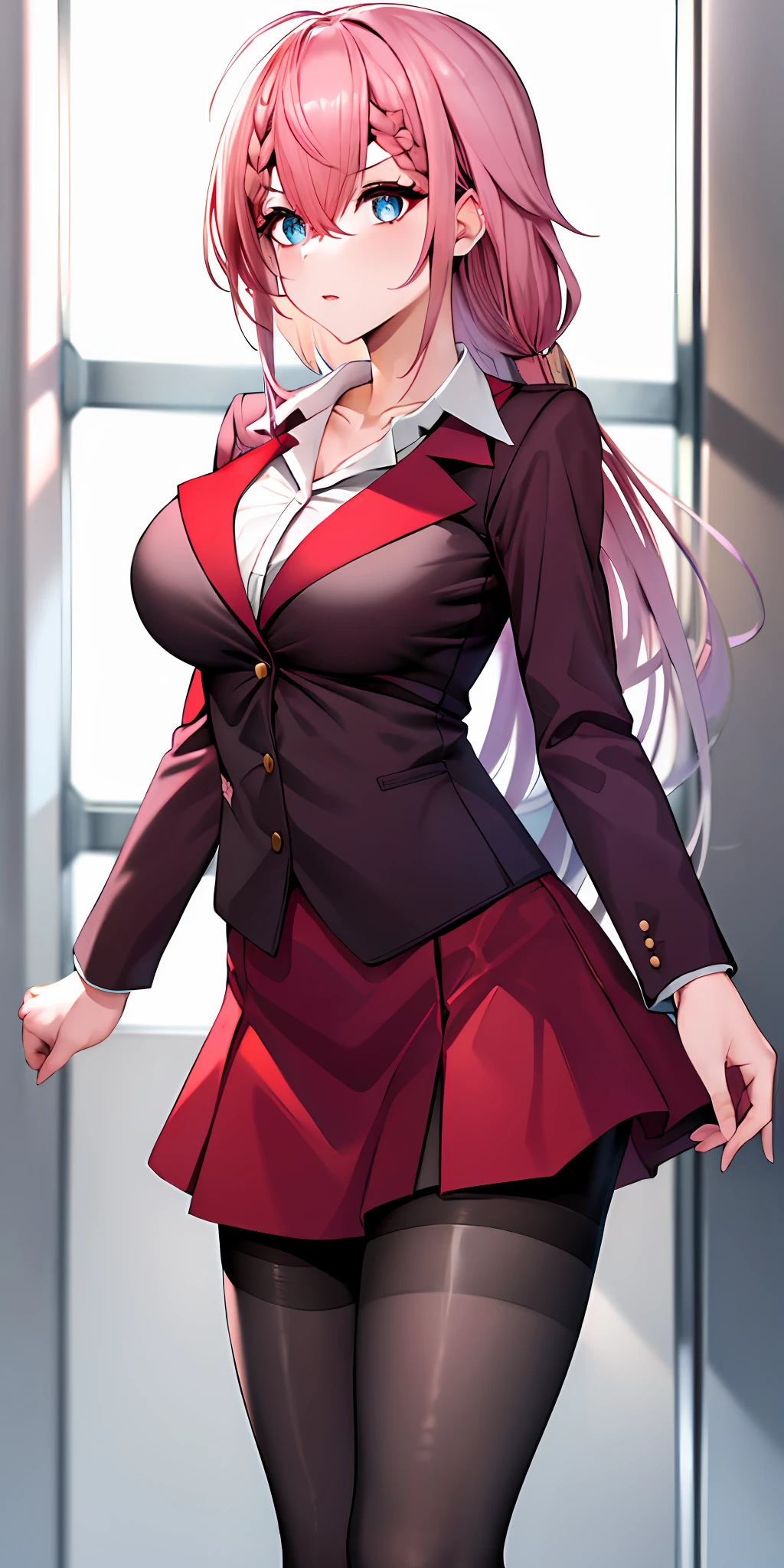 masterpiece, best quality, highres, mafuyu1, 1girl, solo, long hair, pink hair, blue eyes, red skirt, jacket, hair between eyes, braid, skirt suit, long sleeves, black pantyhose, white shirt, brown pantyhose, collarbone, large breasts, classroom, standing, cowboy shot,