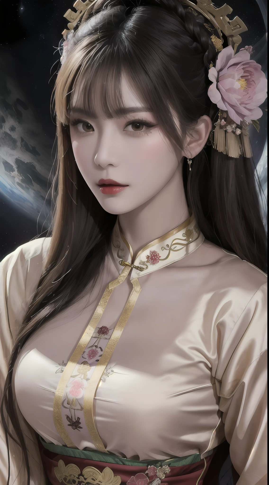 Woman wearing red and gold dress, flower background, palace, hanfu girl, wearing red cheongsam, chinese style, with ancient chinese costume, wearing ancient chinese costume, traditional beauty, Chinese Traditional, chinese girl, cheongsam, chinese costume, chinese princess, hanfu, chinese traditional clothing, chinese costume, 1 27-year-old girl, 1 zodiac goddess from the future, goddess of the pink and purple 12 zodiacs, the goddess of the zodiac in a yellow ao dai, a 12 zodiac ao dai with many black lace detail, mythology Goddess of the 12 zodiacs from the future, zodiac ♏, luxurious glittering zodiac style, dark and mysterious version, zodiac crown, lipstick lips red, thin and beautiful lips, mouth closed, characters made by karol bak and pino daeni, intricate detail, detailed background, extremely detailed, light magic, a woman, clear face, hair long with bangs, beautiful face in detail and well-proportioned eyes, (transparent yellow eyes: 1.8), big round eyes and very beautiful and detailed makeup, foresight, silk dress, mysterious makeup , double bangs and dyed light blonde , upper half portrait, zodiac goddess portrait, arms hanging loosely, Realistic and vivid photo, (stars make up the zodiac: 1.7), (sky background zodiac and fictitious space and time portal: 1.8), fiction art, RAW photo, hanfu picture, best photo, best photo quality, 8k quality, 8k ultra, super realistic, real photo most economical, the goddess poses sexy and seductive,