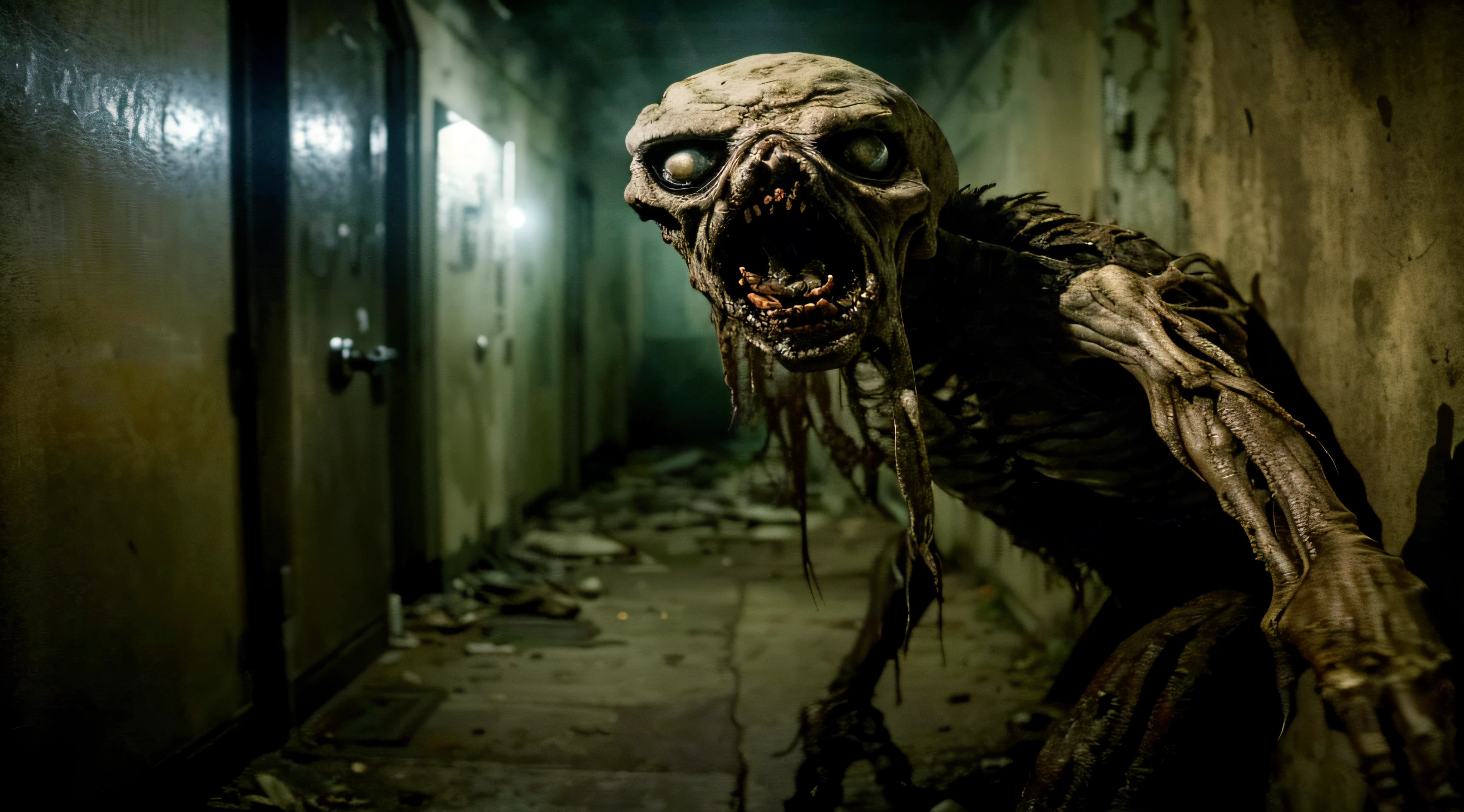 arafed looking zombie in a dark hallway with a door open, photo of scp-173, scary creature, creepy mutant flesh creature, creepy monster, scp-106, chtulhu, scary picture, horror photo, horror scary terror, horror photography, horrifying monster, very scary photo, scary look, creepy and unsettling, terrifying monster