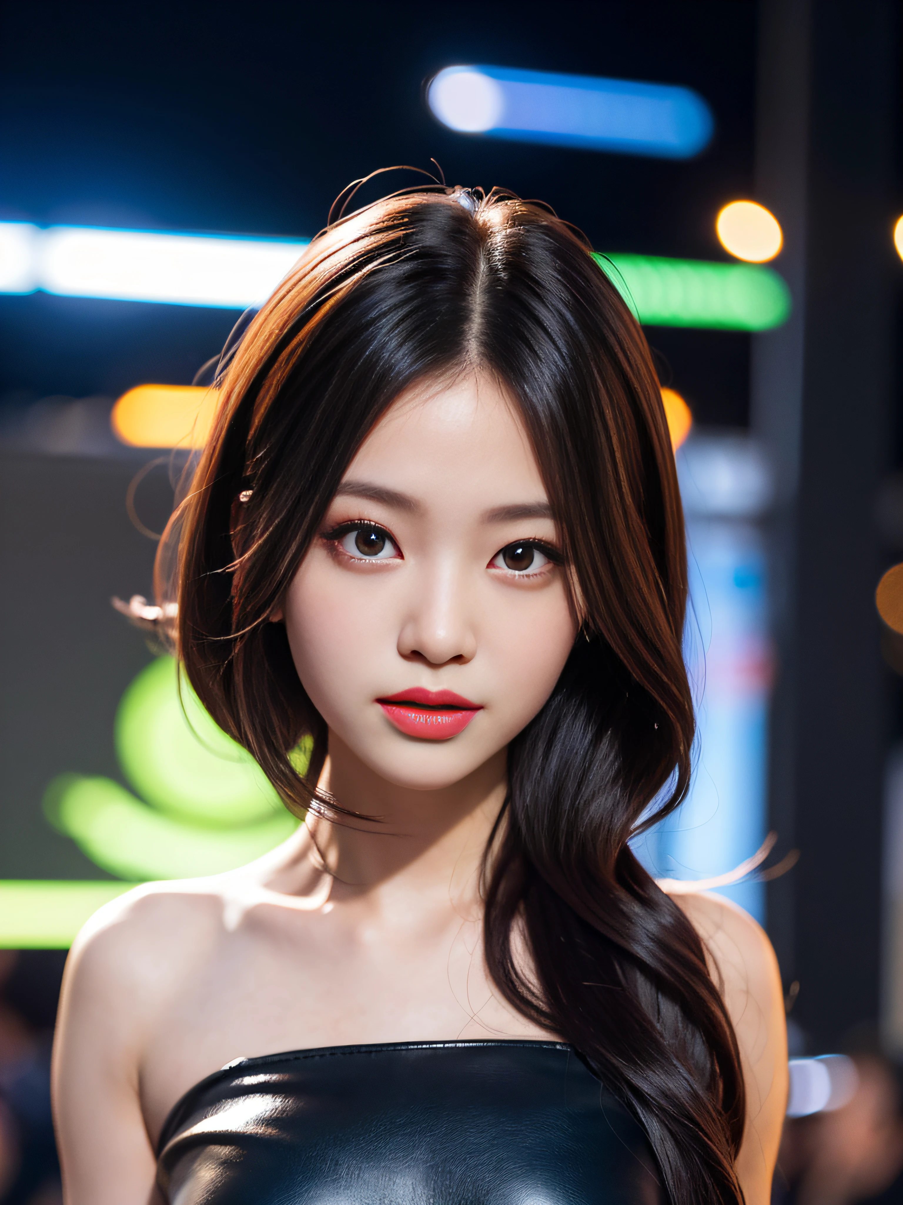 A girl, long hair, half picture, city, future, science fiction, black silk, shorts, night scene, midnight, blue light, neon, night, face close-up, delicate features, beautiful girl, beauty, charming,fashi-girl,red lips,realistic,makeup,