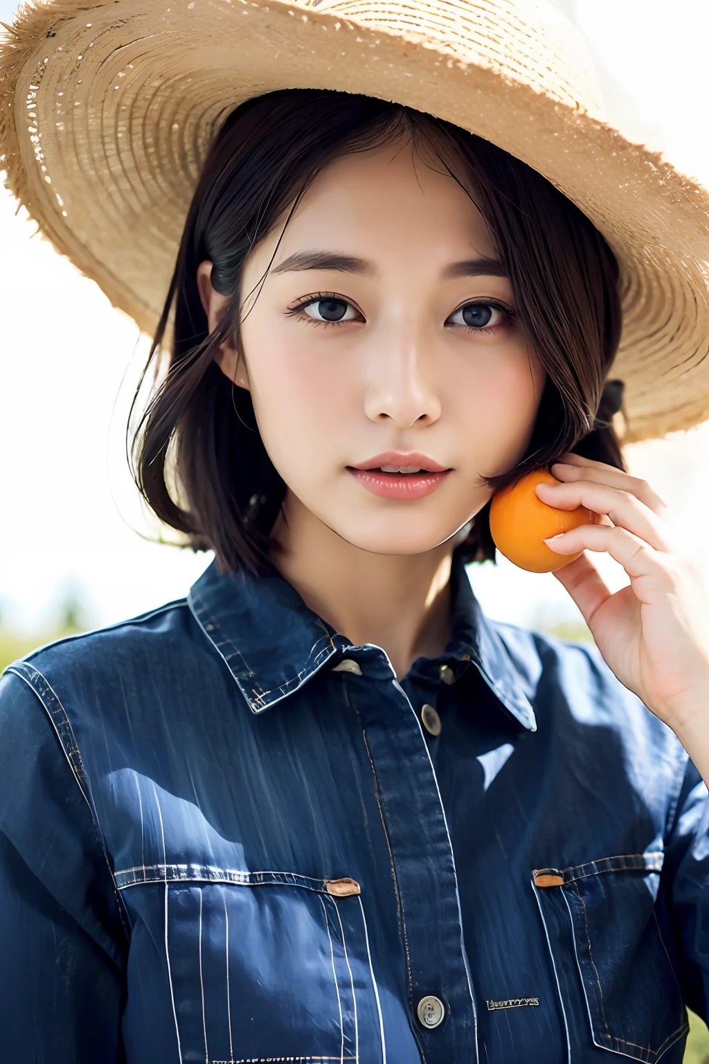 High resolution photo of denim overalls, white t-shirt, loose farmhouse hat, looking at camera, standing in a field of (fruit trees) and holding an orange basket, Japan people, Hinatazaka
