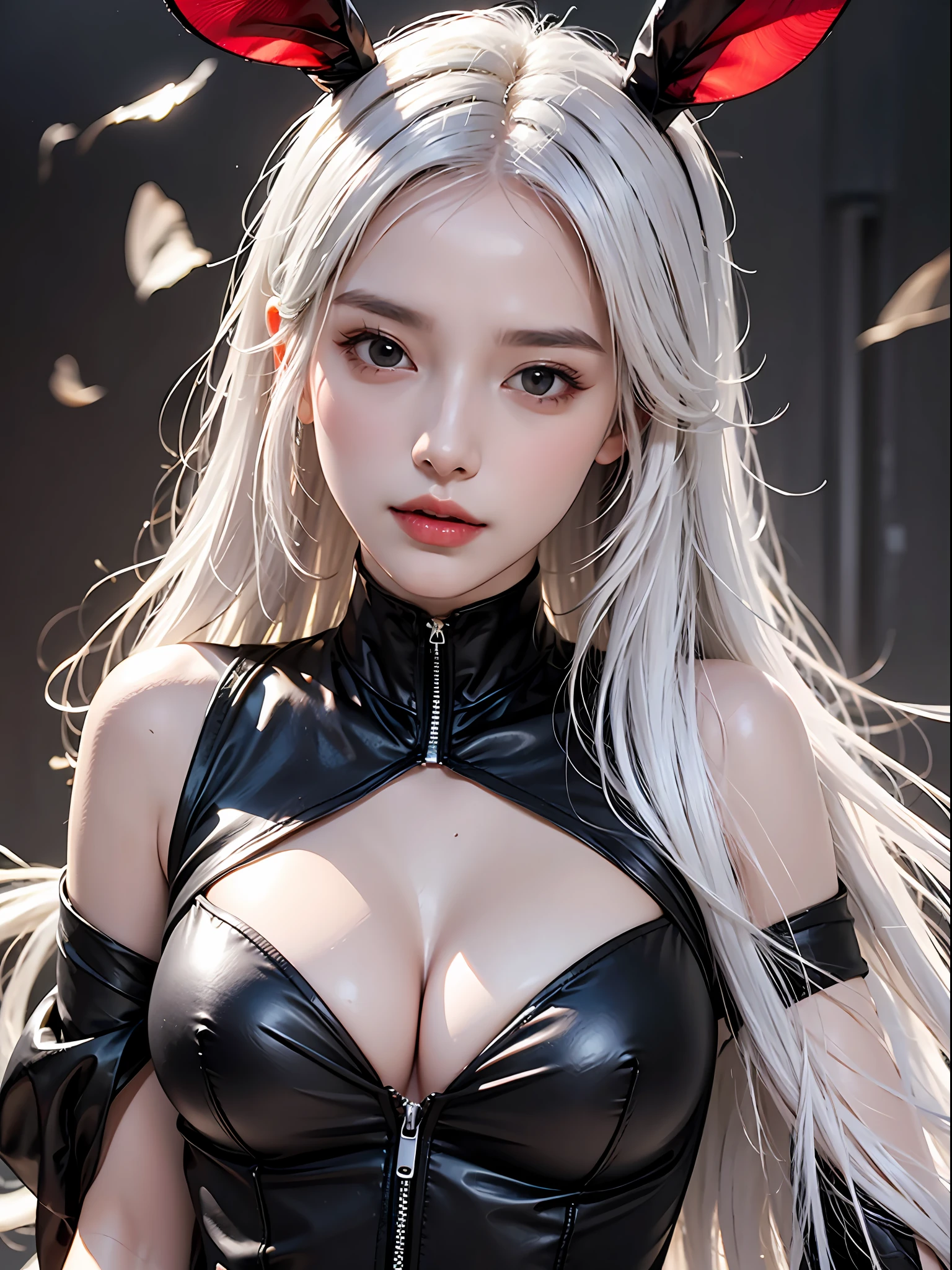 photorealistic, high resolution, 1 girl, white long hair, black eyes, bunny outfit, normal breast