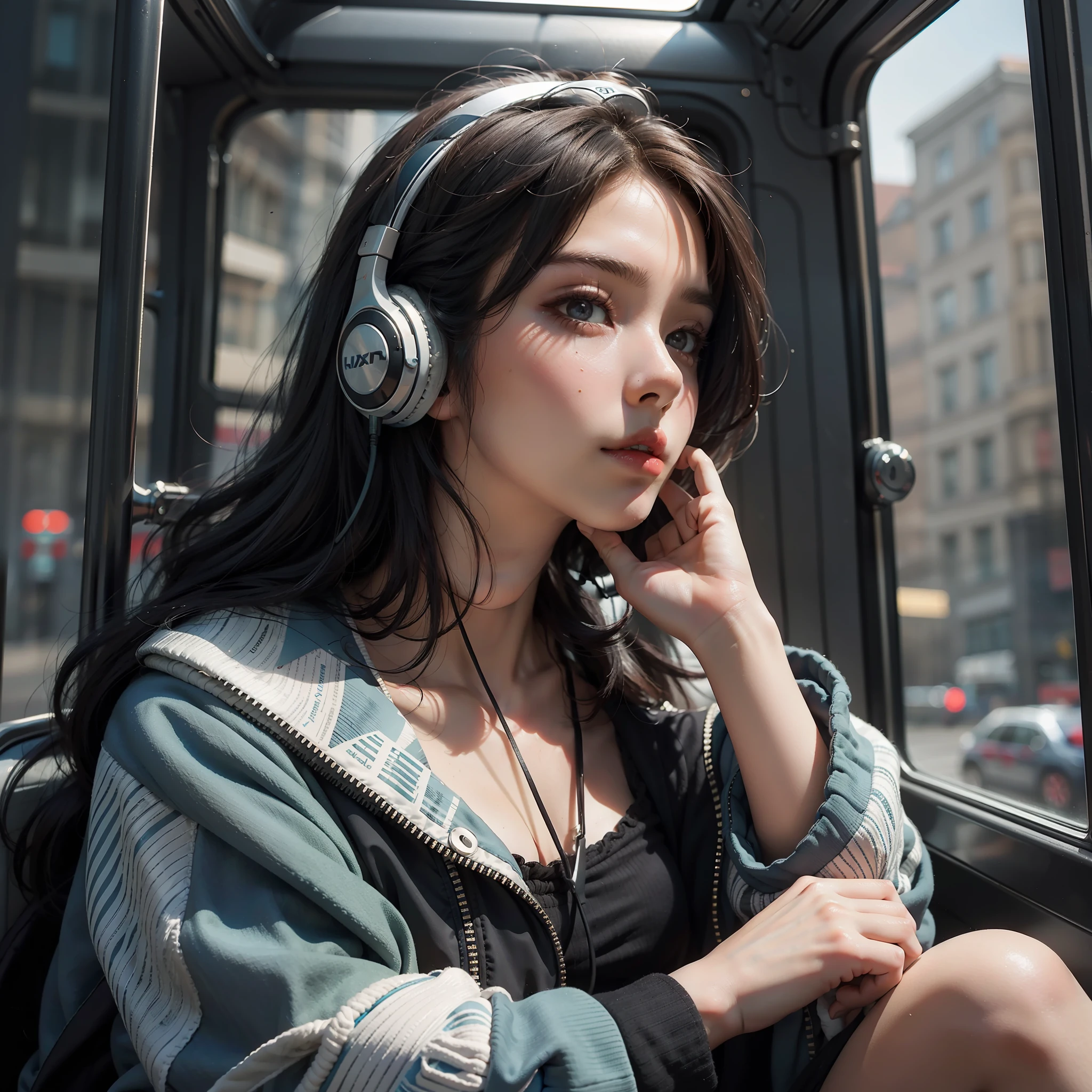 (masterpiece), (best quality), 8k resolution, ultra detailed, 1girl, solo, beautiful girl, sitting in a bus, headphone, sexy, on her phone, look at the smartphone