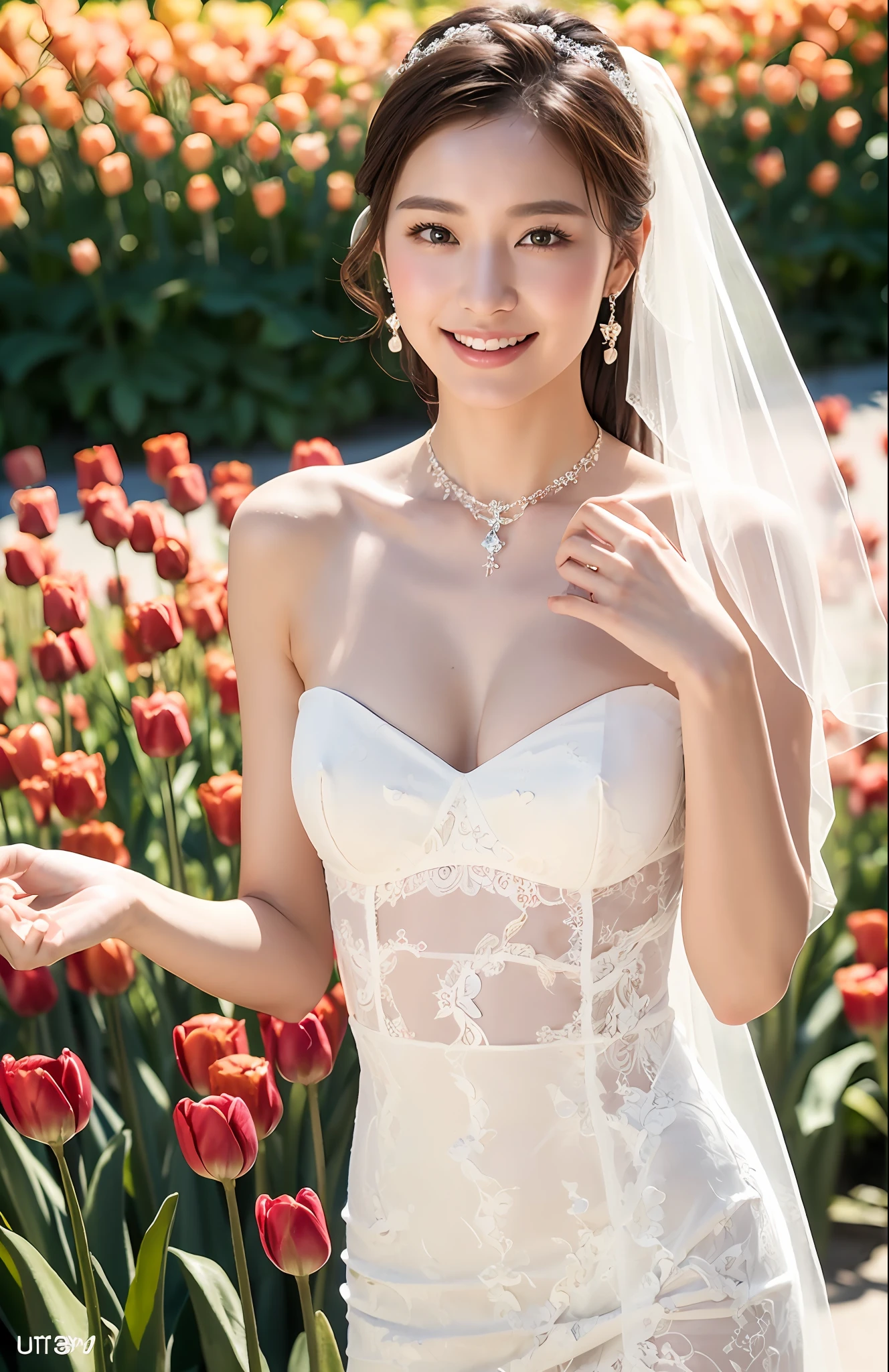 Turbulent posture, (very delicate and beautiful work), (masterpiece), 1girl, girl in wedding dress surrounded by many colorful tulips, veil, lace, full body, high definition, ridiculous, charming expression, smile, beautiful clear eyes, green eyes, delicate necklace, delicate earrings, full body, vivid flower garden, simple background blur, ultra-fine depiction, beautiful, charming, ultra-fine paintingDelicate Face, Delicate Figure, Thin Clavicle, Lovely Lips, Beautiful Big, Soft Back, Mix4, (8k, RAW Photos, Best Quality), Masterpiece: 1.2), (Realistic, Photorealistic: 1.37), One Girl, Cute, Professional Lighting, Photon Mapping, Radiosity, Physically Based Rendering