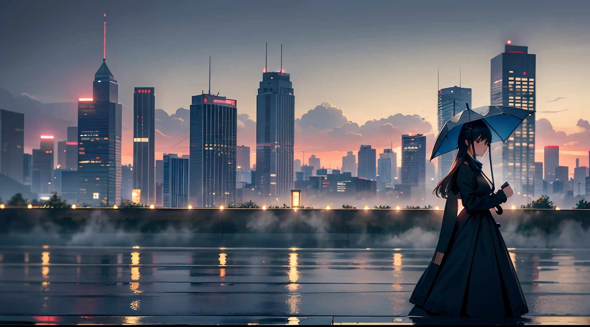 ((Masterpiece)), Best quality, Super detail, HDTV, Highly detailed CG unified 8K wallpaper, (Pretty girls), There are cute girls looking at the foggy cityscape from the top of the hill on the morning after the rain. They hold brightly colored umbrellas in their hands and gaze at the fantastic scenery that spreads out over the city. Buildings and roads in the fog have a hazy silhouette, and the light after the rain reflects to create a beautiful scene. Their outfits and poses are unique, each sparkling in the morning light.