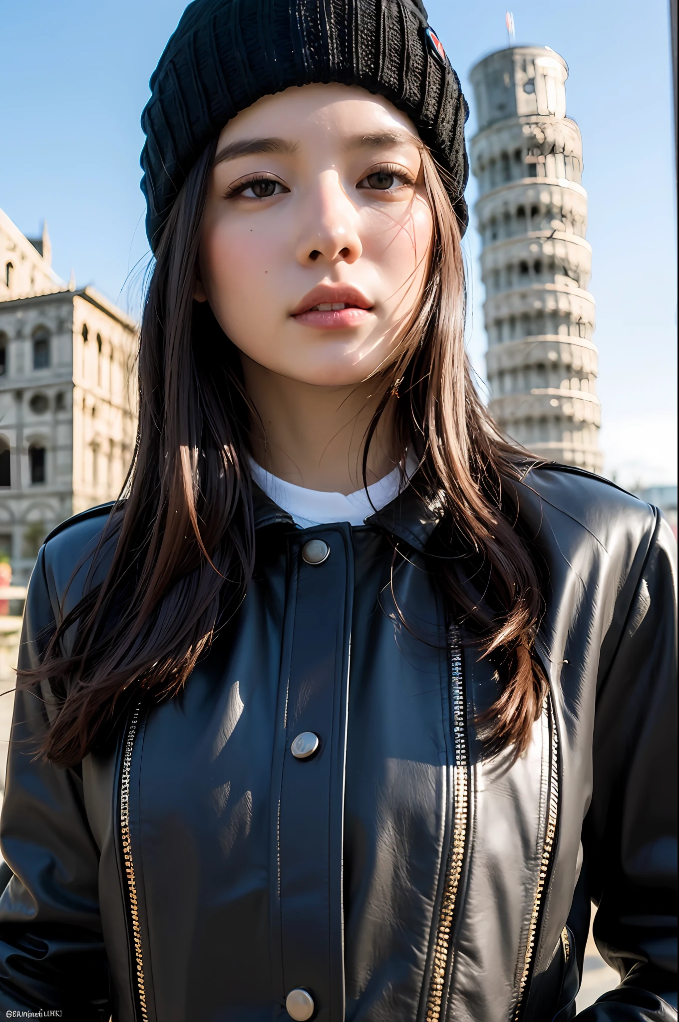 (
(8k:1.27), best quality, masterpiece, ultra highres:1.2) Photo of Pretty Japanese woman
 (beautiful:1.1),(Leaning Tower Of Pisa background),na (sci-fi warrior woman:1.1) space soldier, (beanie:1.61) (leather jacket:1.21) intricate elegant, fantasy, detailed, ometric by greg rutkowski and alphonse mucha, gradient lighting