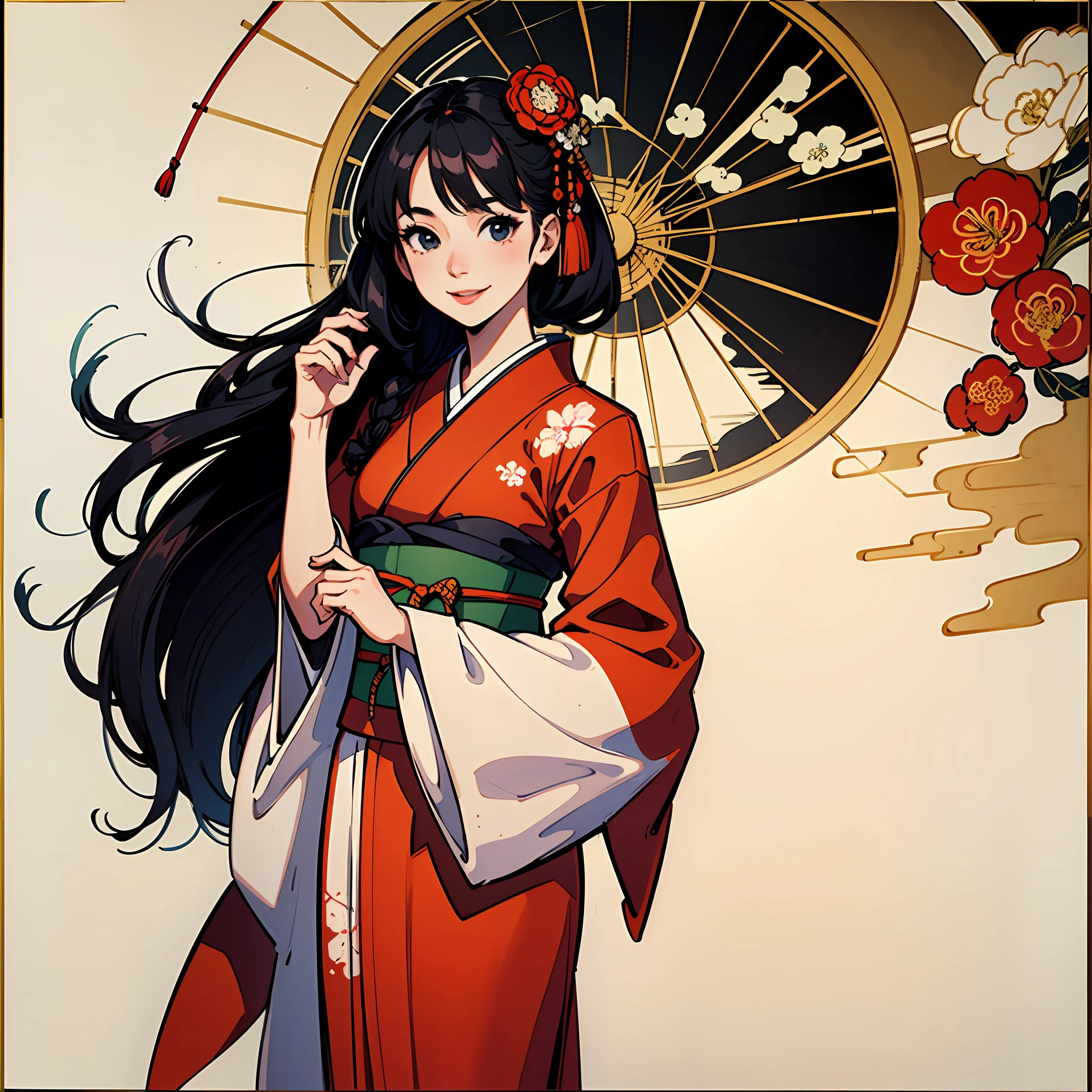 ((4k, masterpiece, top quality)), Shui Mobi Sim, traditional Japan ink painting, Kano school, kimono, Japan girl, one girl to dress modestly, solo, long black hair, smile, standing, --auto
