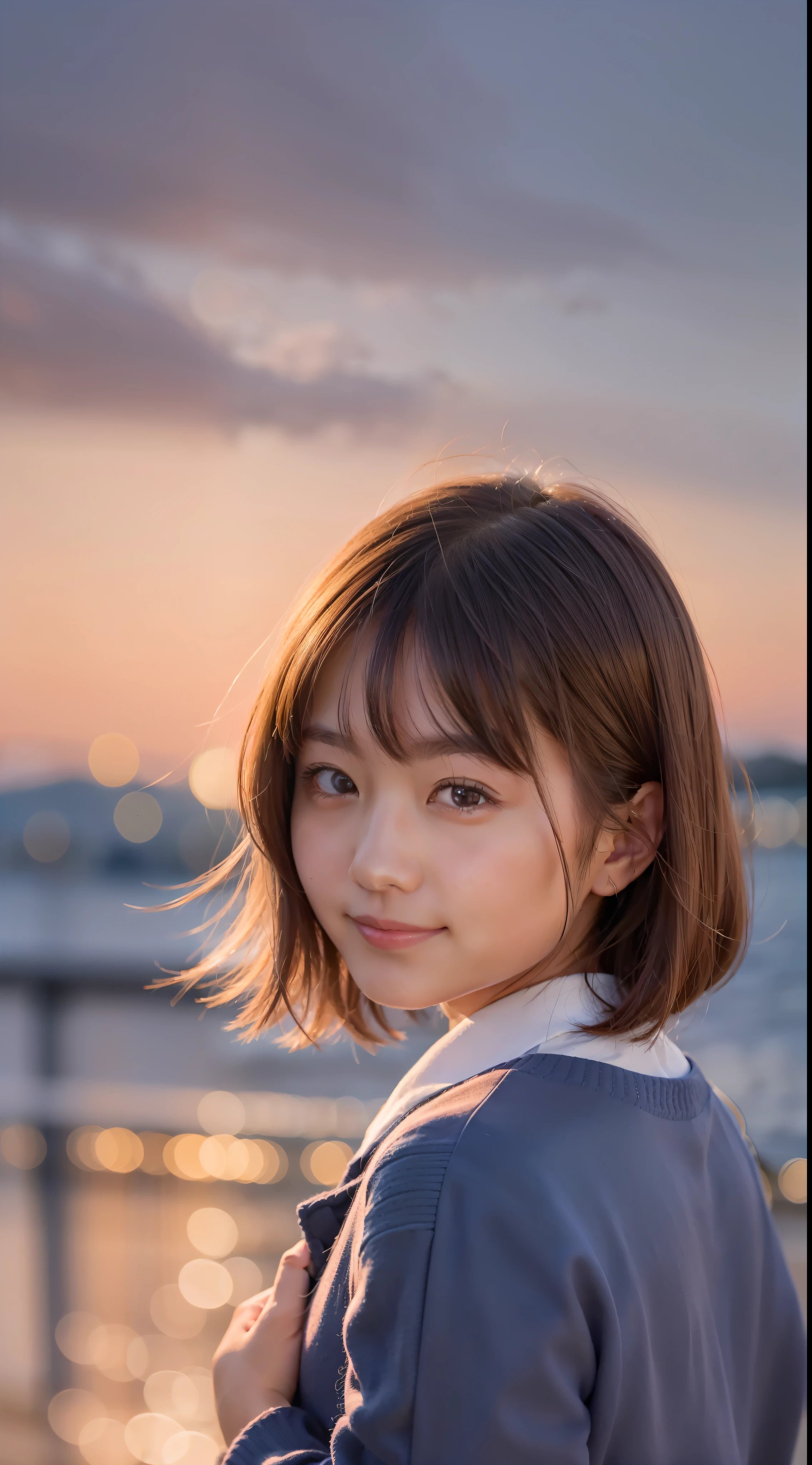 One girl, with her back to the viewer, facing the sky, orange blue sky, perfect sky condition, your lasso sky, sunset sky, detailed Japan high school uniform, detailed sky, sky stars, sea, 8K, medium, schoolgirl, happy face, glowing eyes, hands behind her back, smile, lips thick