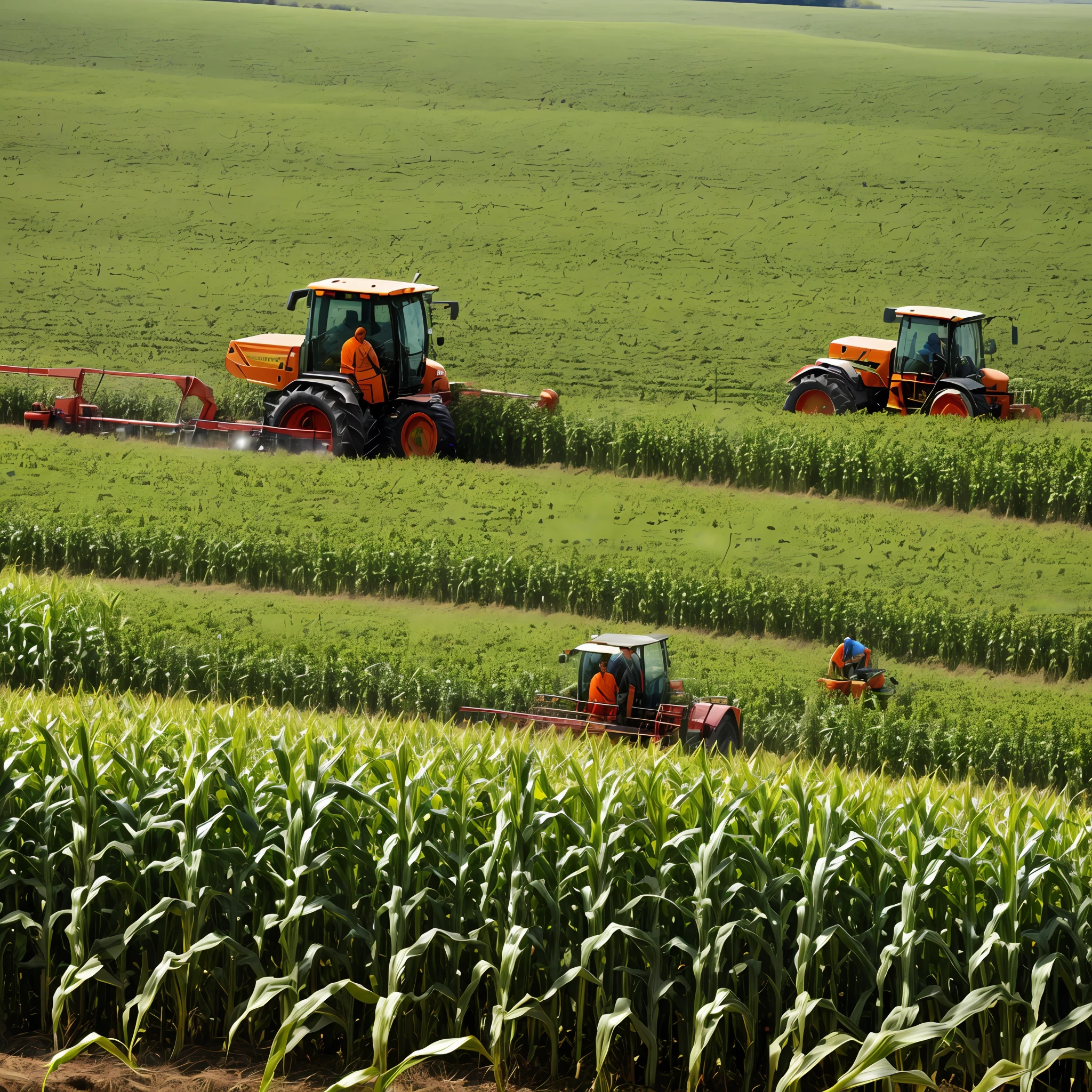 In a corn field. Several workers are harvesting corn.