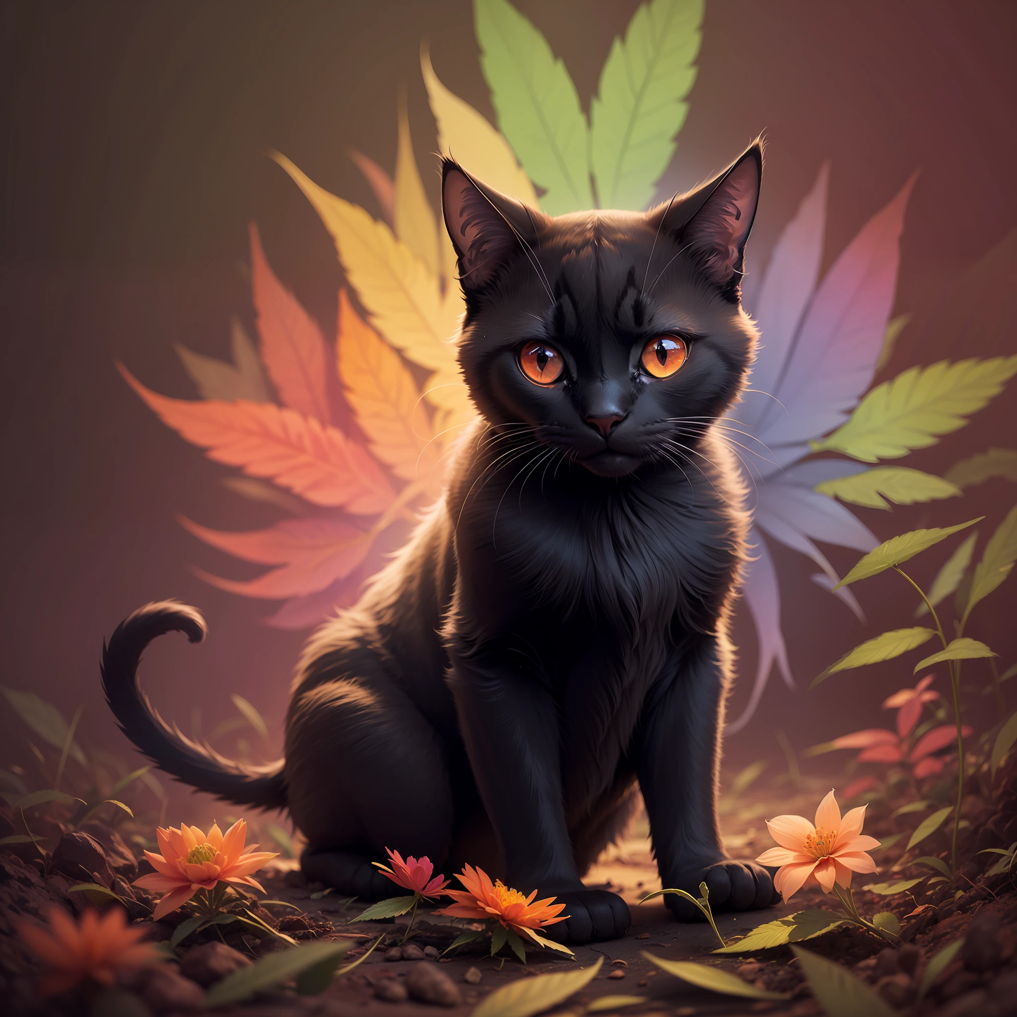 A black cat with red eyes smoking marijuana, marijuana flowers, and leaves. Psychedelic background. --auto