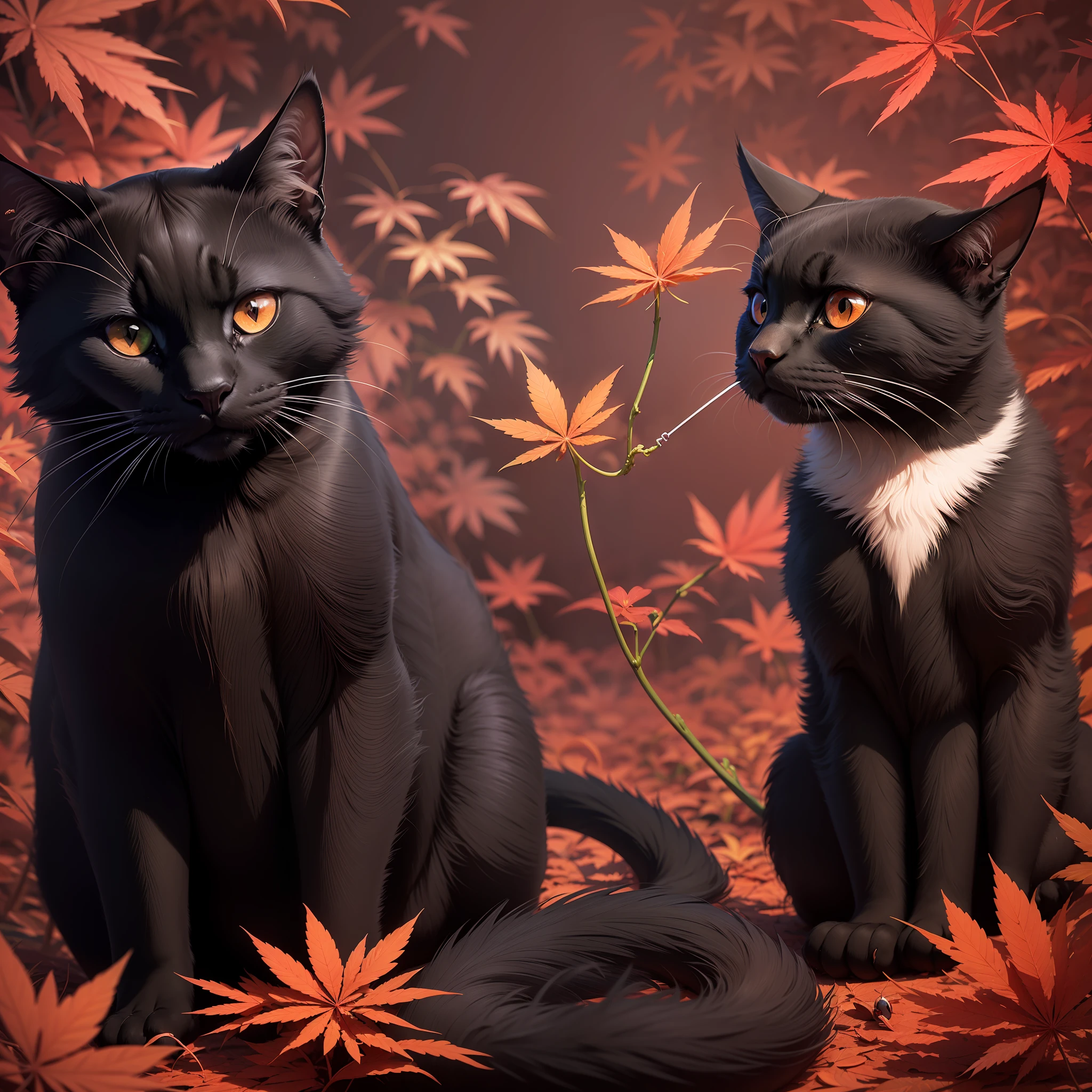 A black cat with red eyes smoking marijuana, marijuana flowers, and leaves. Psychedelic background. --auto