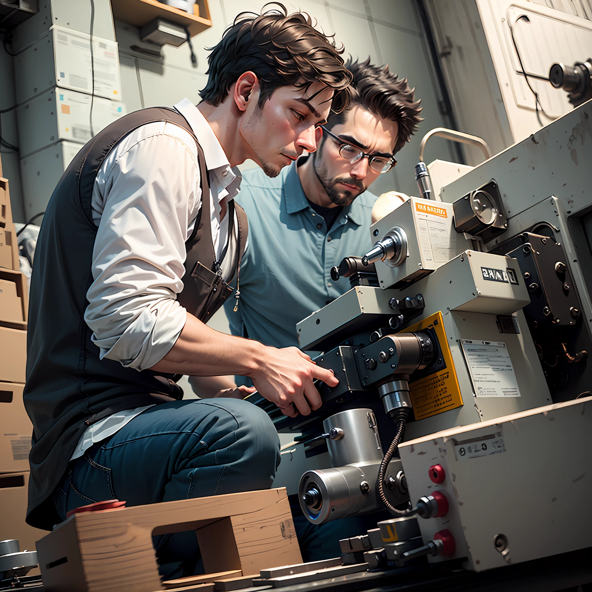 A CNC lathe operator, paying attention to the machining of a part and with emphasis that he pays attention through hearing as well --auto