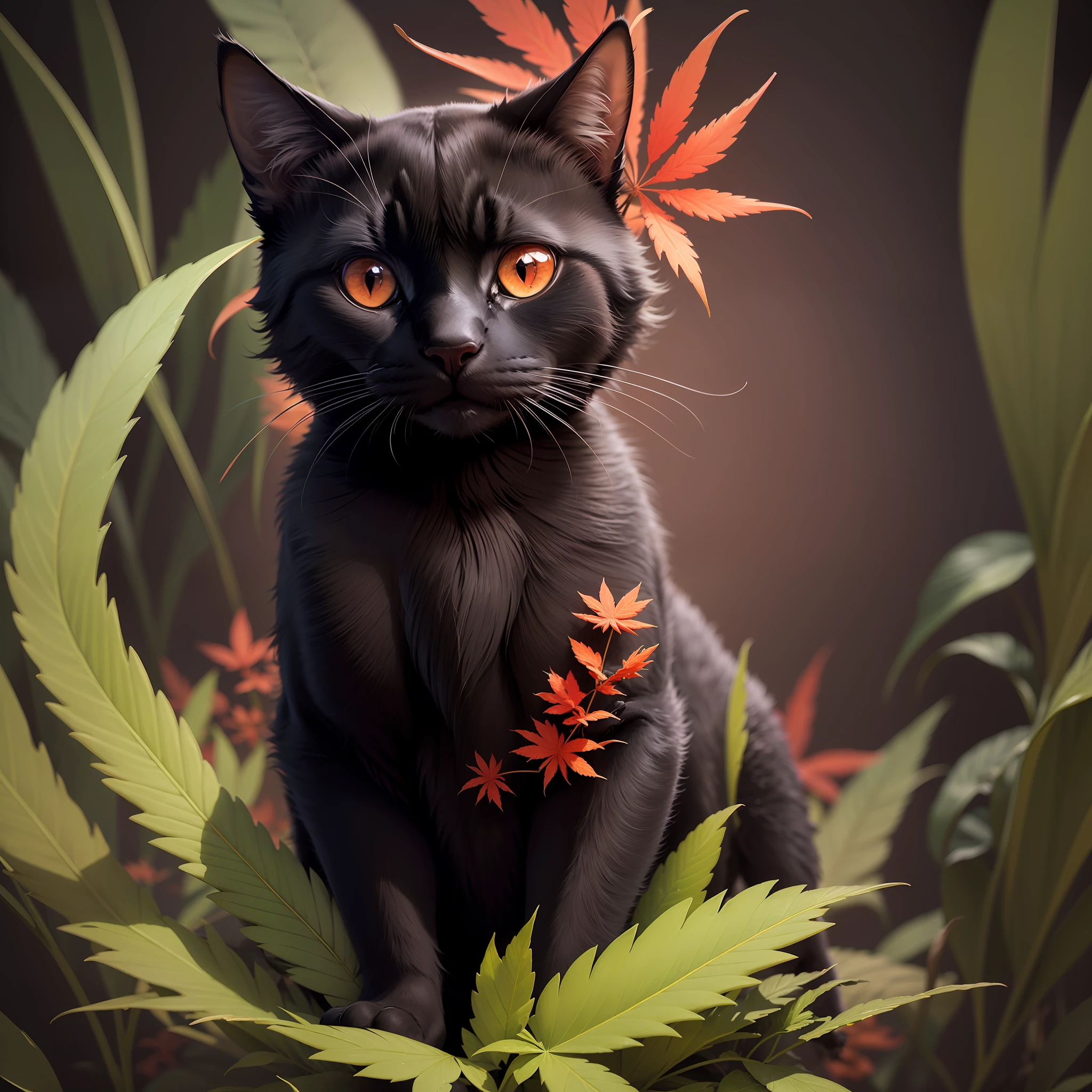 A black cat with red eyes smoking marijuana, marijuana flowers, and leaves. Psychedelic background. --auto
