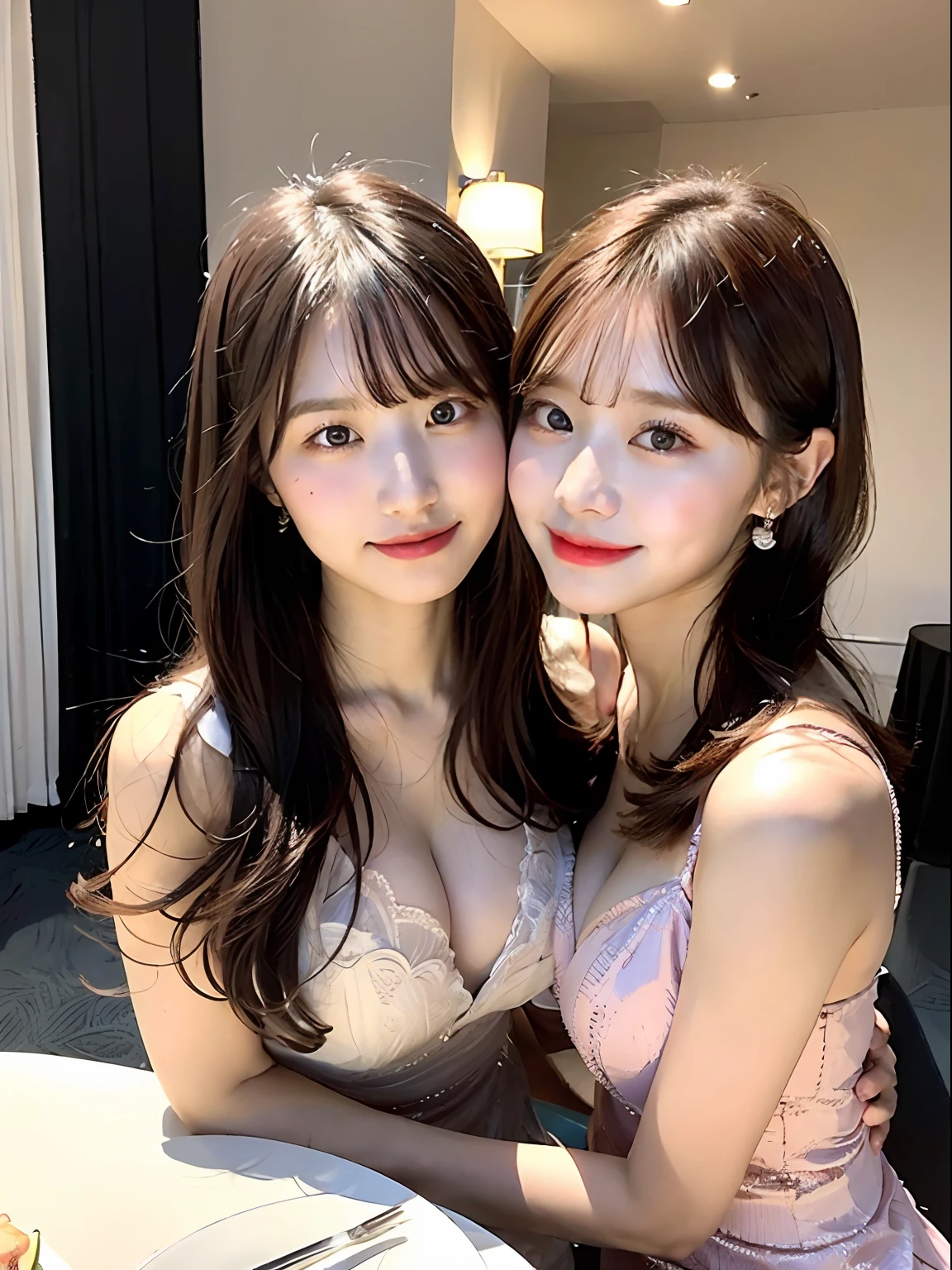 ((Best Quality, 8K, Masterpiece: 1.3)), Sharpen, Real Photo, Real, ((2 Women Snuggled Together: 1.3)), Intimate, Pale Pink Dress, Ladies Evening Dress, Banquet Ladies Formal Wear, (7 Split Shots), Long Hair, Cleavage: 1.1, Slim Body, Beautiful Eyes, Super Detailed Face, Beautiful Woman, Tight, Big Breast, Petite, , Cute Girl, Petite, Glow Skin, Slim Body, 20 Years Old, Indoor, Banquet, ((Front Light:1.2)),Frontlighting