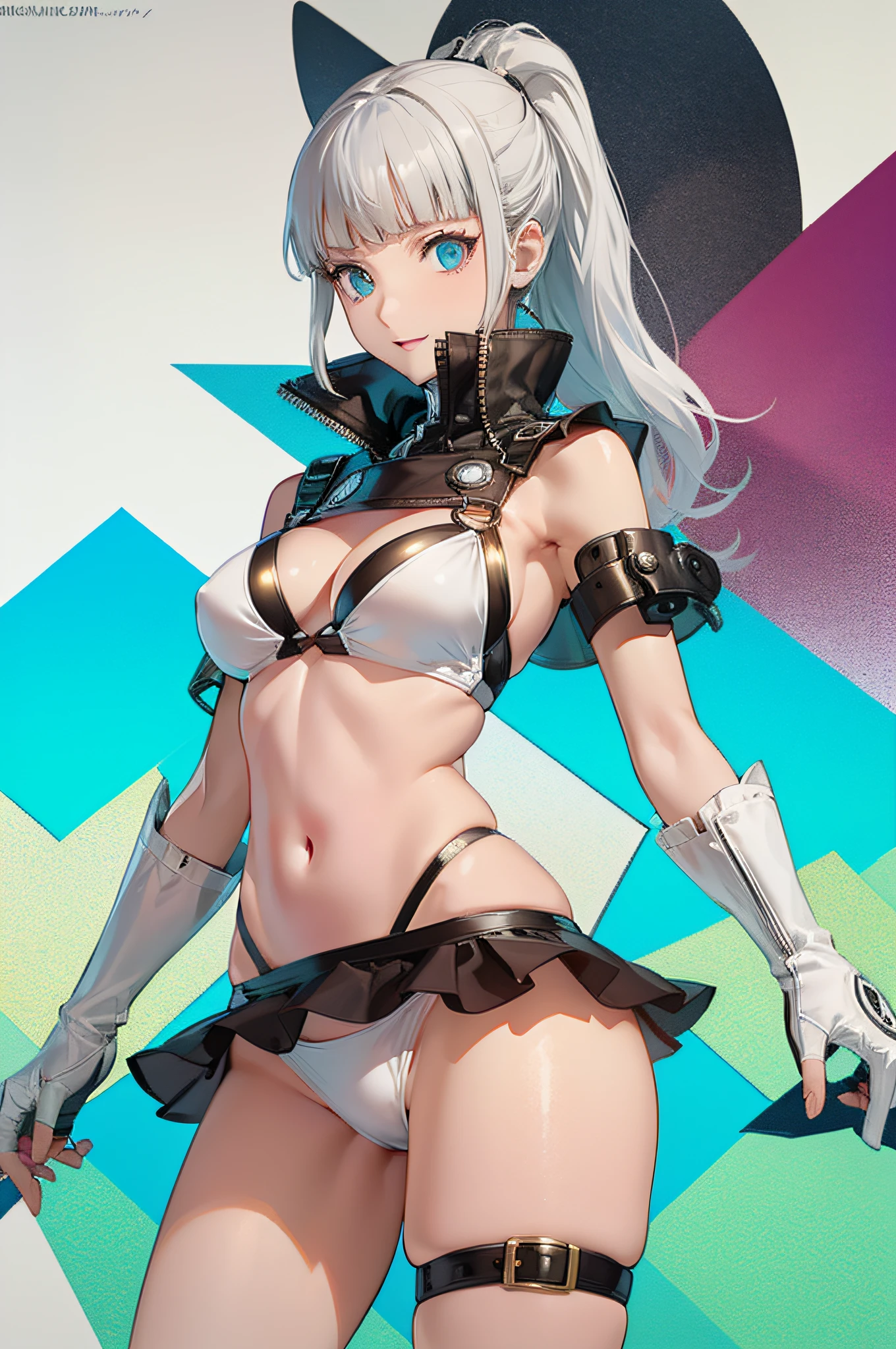 Persona 5 Art Style, Persona 5 Style, Kasumi Yoshizawa, Yoko Asagiri, Bikini Armor, Full Length Image, High Quality, Ponytail, Small Breasts, Bangs, Smooth Thighs, Patsun, Top Quality, Ultra High Definition, Fine Eyes, Slender Legs, Fine Beautiful Eyes, 8K, White Bikini, Protruding Buttocks, Blue Hair