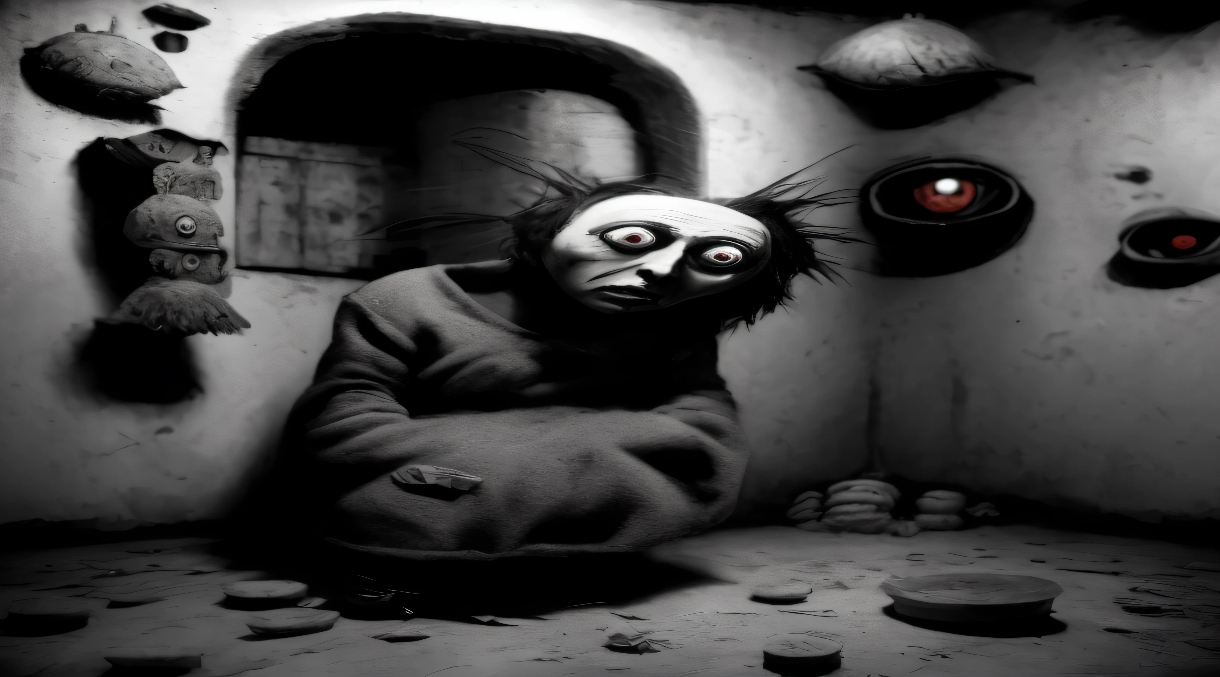 arafed image of a creepy looking man sitting in a room, the'other mother'from'coraline ', creepy!!, anton semenov, inspired by Roger Ballen, by Chris Friel, creepy!!!, horror surreal art, horror photography, scary picture, creepy art, scary art, still from animated horror movie, scary photo, creepy photography