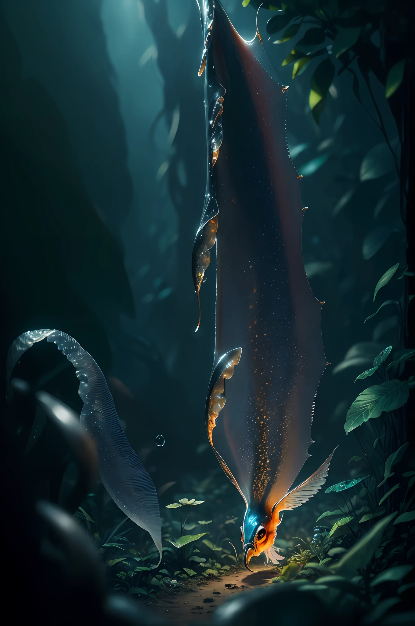 Big like six legs creature whith transparent and lighting body, long wings, walking on all six legs, (((cuttlefish head))), ((four eyes)), six leghs, in the jungle, jungle, rain forest, high image quality, realistic look, high-resolution photography, 8K, full-frame matrix, deep shadows, ((one character)), (intricate details, subsurface scattering, hyperdetailed:1.15), (hyperrealism, volumetric lighting, sharp:1.5) Fujifilm XT3