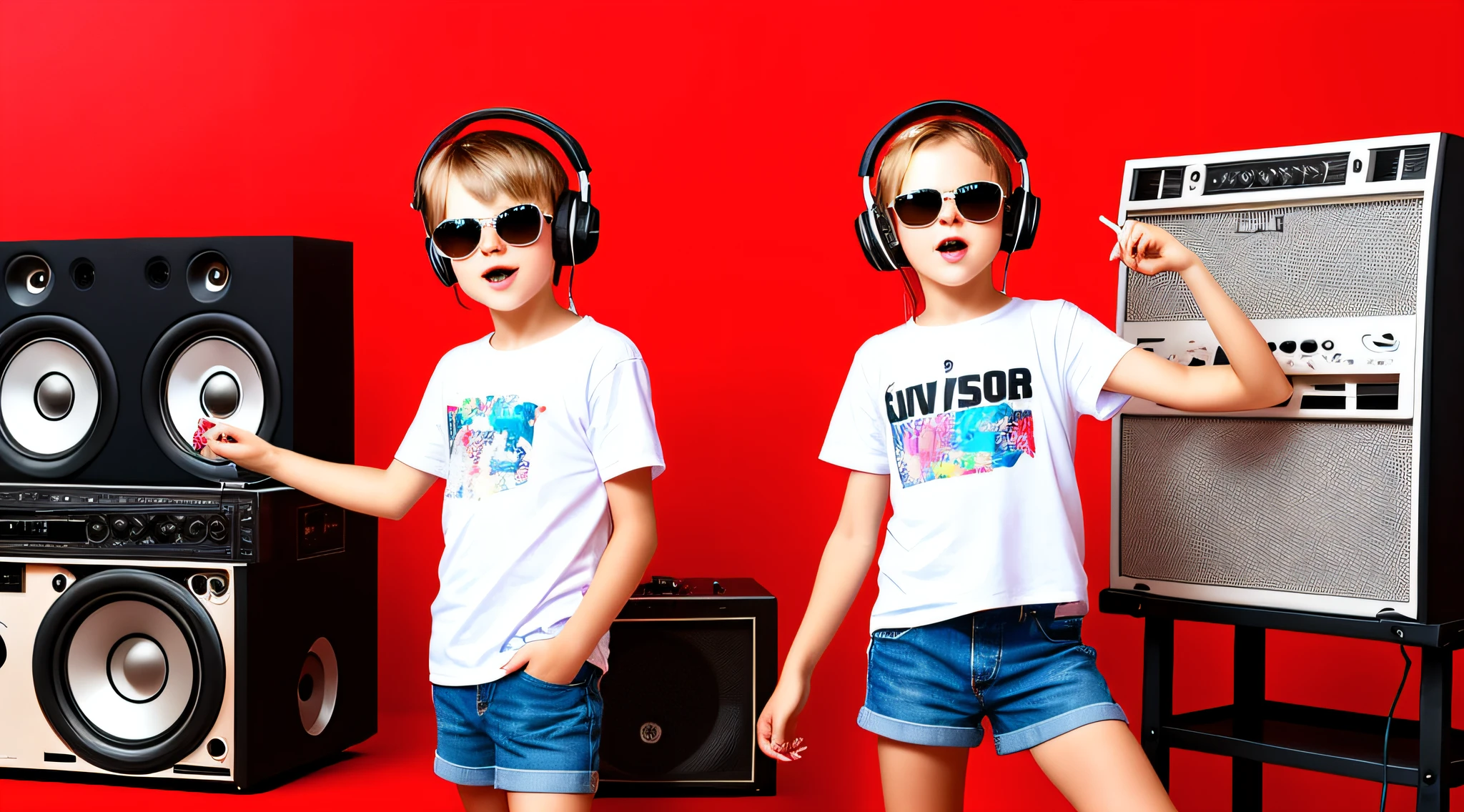 mENINA BLONDE CHILD, in sunglasses holding a boombox and pointing with his hand, boombox, music guy, ghetto blaster, on a red background, playing for music, on red background, dj, very low quality picture, red sunglasses and a guitar, big ghetto blaster, with headphones, music is life,  new music, vibrating with music