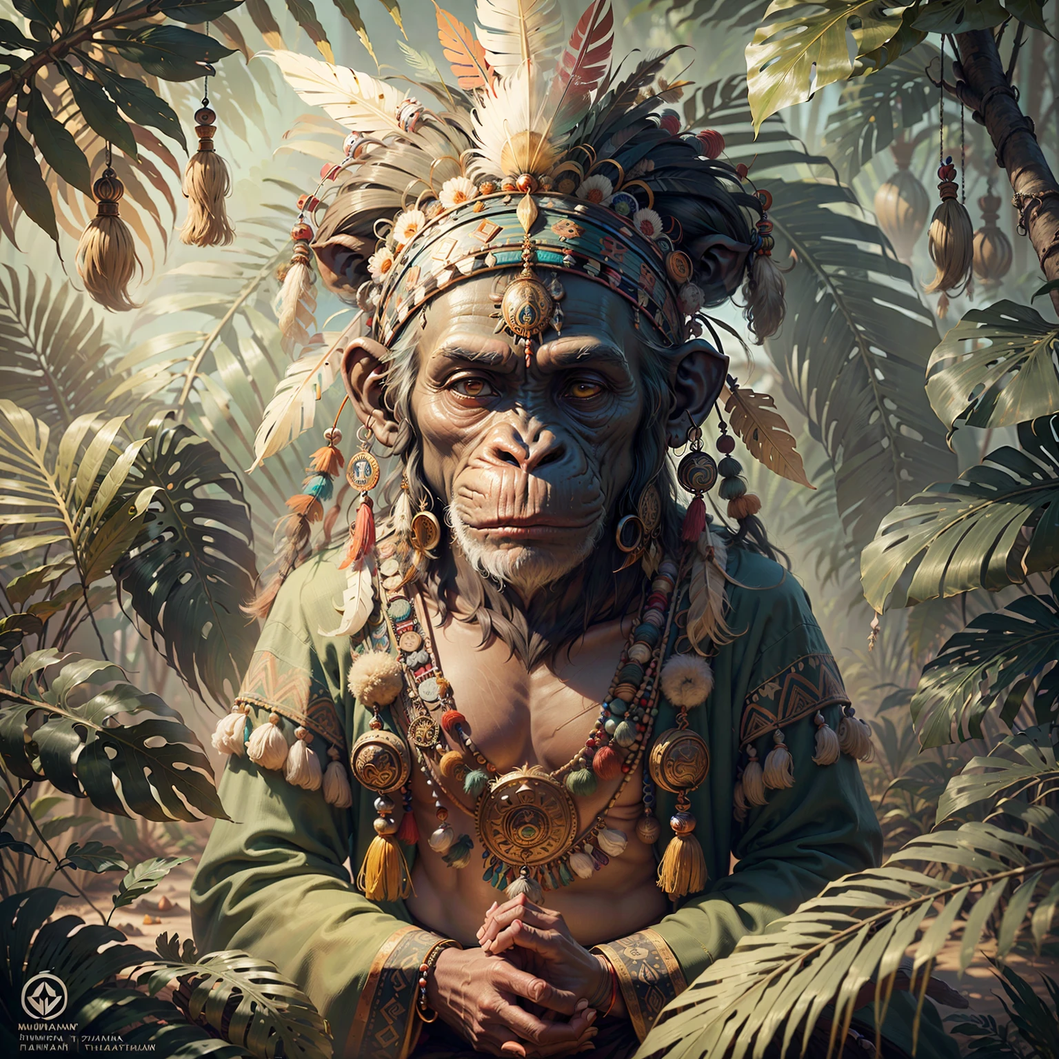 Chimpanzee ((Indian Shaman)),,((meditative state),,Shaman, elegant chimpanzee, hair with details, with Indian headdress on head, ((meditating)) many colorful feathers, colorful feathers, facing the camera, detail: dense tropical foliage, highly detailed intricate, ((masterpiece)), ultra hyperrealistic, masterpiece