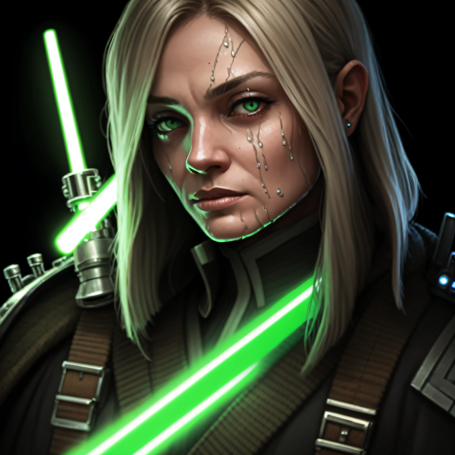 Portrait of a Celtic Jedi Sentinel with wet Shamrock Armor, green lightsaber, by Aleksi Briclot, shiny wet dramatic lighting --auto