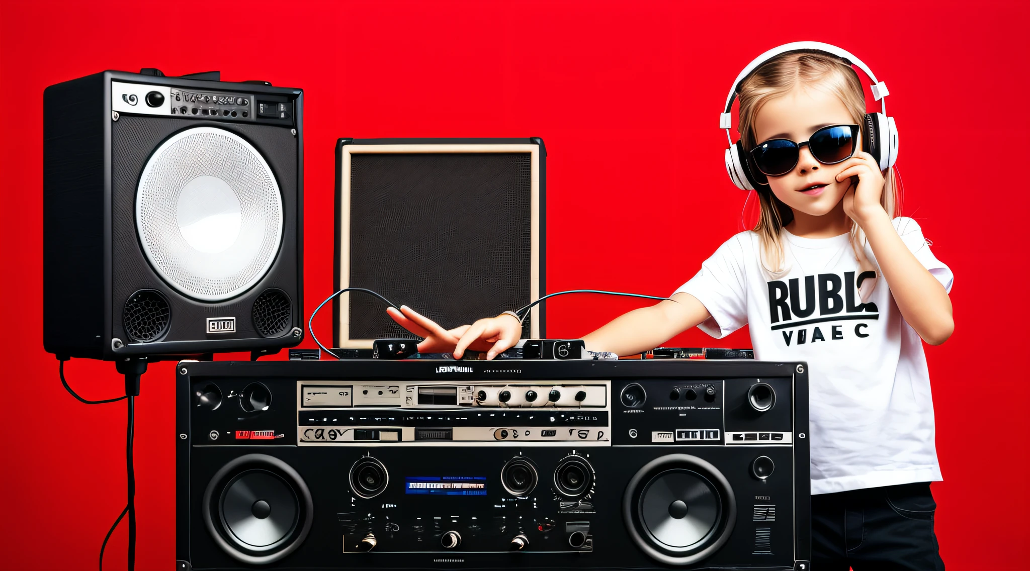  BLONDE CHILD, in sunglasses holding a boombox and pointing with his hand, boombox, music guy, ghetto blaster, on a red background, playing for music, on red background, dj, very low quality picture, red sunglasses and a guitar, big ghetto blaster, with headphones, music is life,  new music, vibrating with music