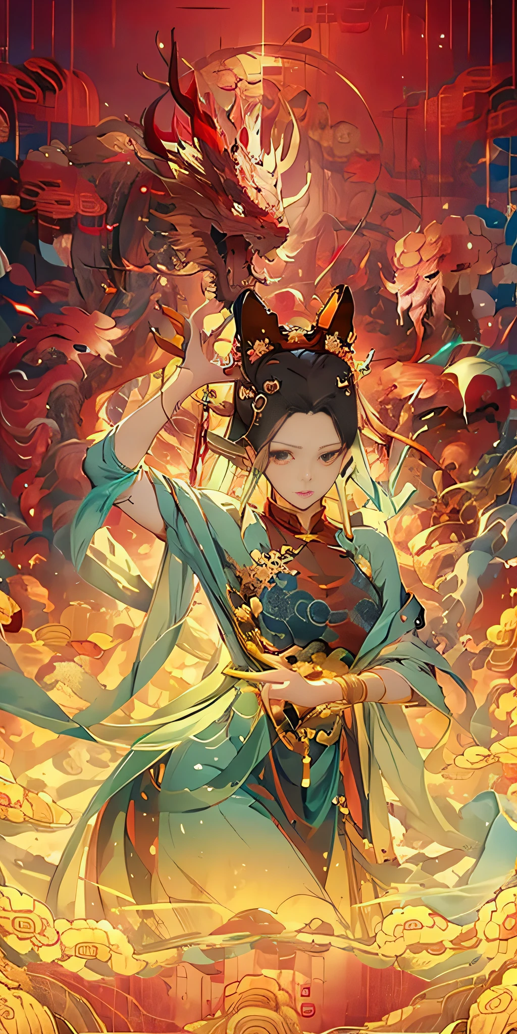 (Masterpiece: 1.2), Masterpiece, Top Quality, Best Quality, Extreme Detail, PIXIV, Taoist, Female, Character Standing in Front of a Cyan Chinese Dragon, Transparent, Detailed Eyes, Detailed Fingers