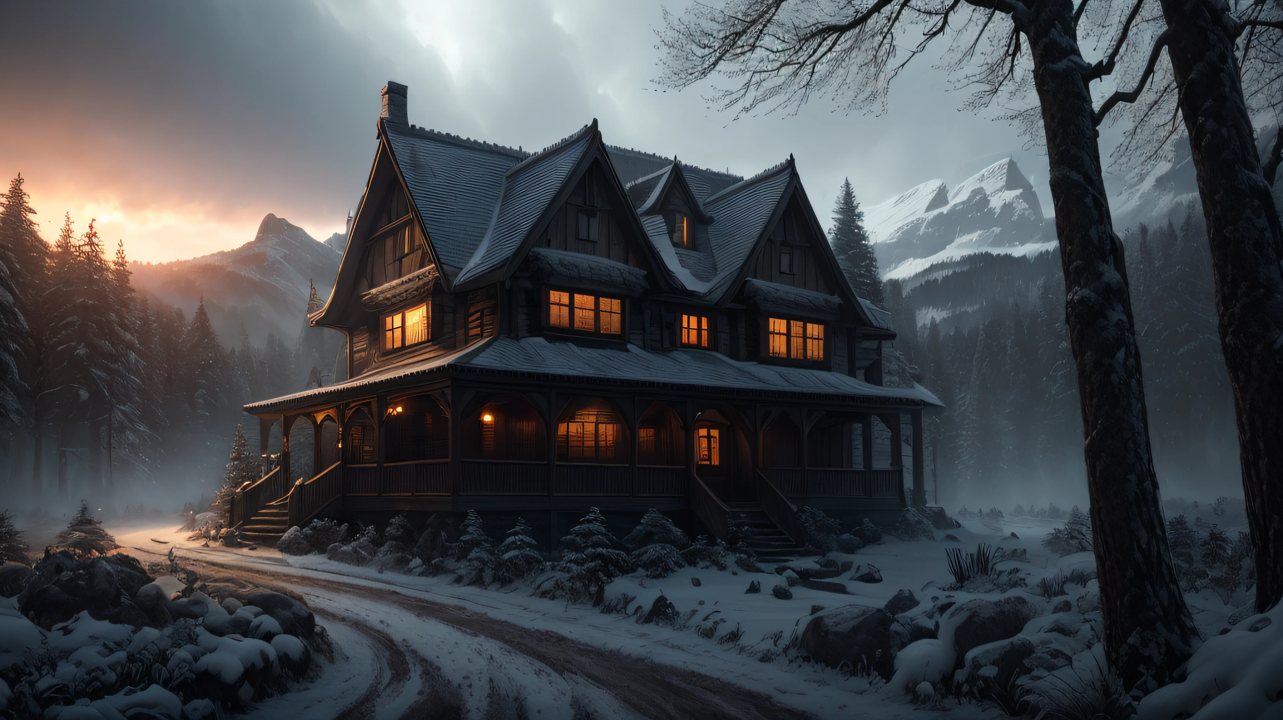 Big Mushroom House, Fairy Tale,Night, Lights, Magic,Realistic illustration,a magical mountain village, concept art, 2d flat vector, Ghibli style, t-shirts design, comic style, charming, fantasy art, watercolor effect, Adobe Illustrator, hand-drawn, zoom out, white background, close to the camera, centered, full body framed in, looking at the camera, approaching perfection, dynamic, highly detailed, smooth, sharp focus, illustration --auto