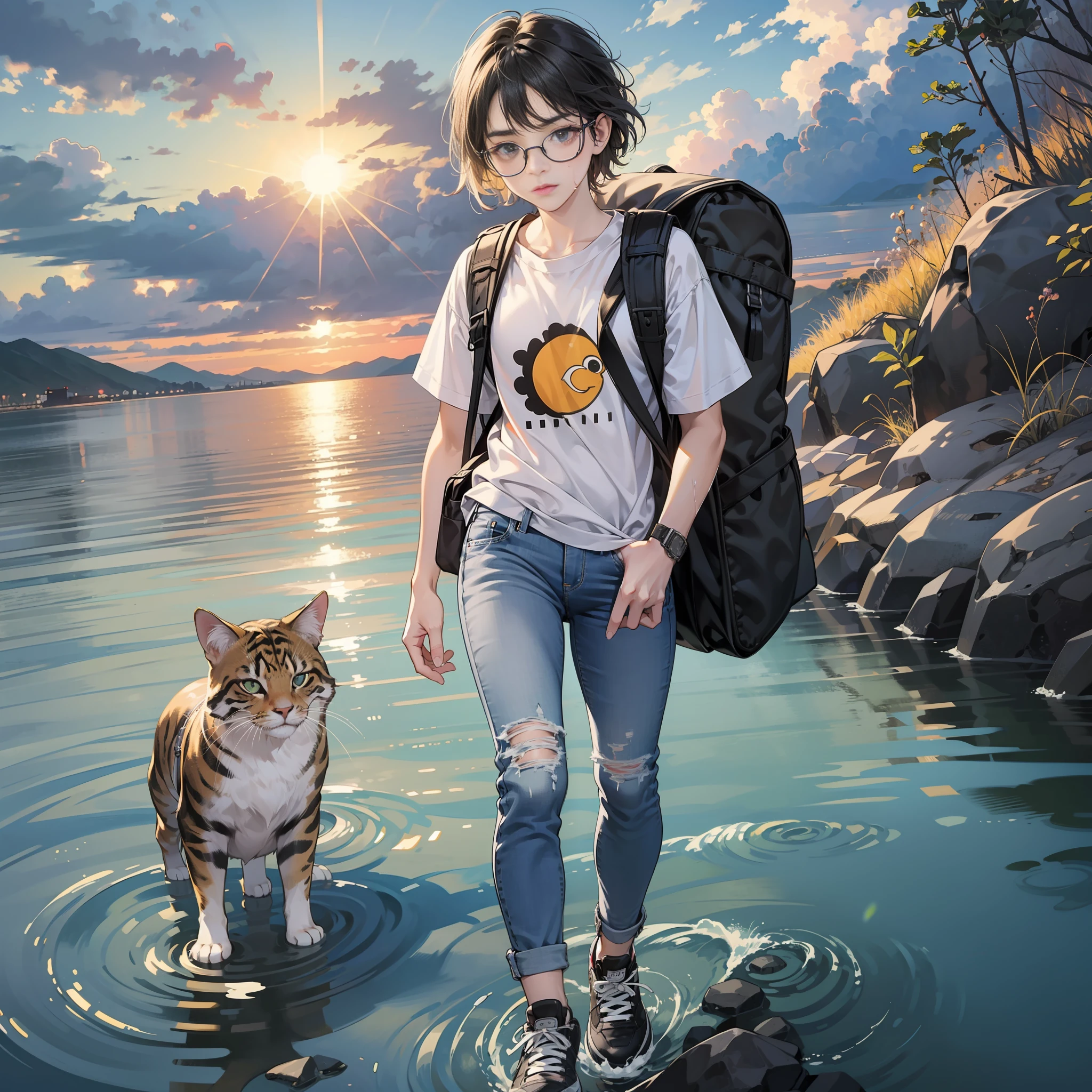 1 girl and 1 cat,{{{Walking with a giant cat} ,menacing,walking,rucksack, {{{short hair}}}}, clouds, overcast sky, outdoors, travel, sky, dusk, pleasant breeze, hilltop,kagawa, seto inland sea,Japan house,edo period,jeans, chest, solo, bangs, {{{disheveled hair}},{{{thick eyebrows}}},big nose,look, big t-shirt,grey, {{{ Black hair tied back},black-rimmed glasses, full body, small,{{{short stature}}}}, broad shoulders,{{{big head}}},sun, ochre sneakers, animal, wet, blue jeans,, one hand behind, , dynamic placement, dynamic angle, 8k, {{{Masterpiece}}},