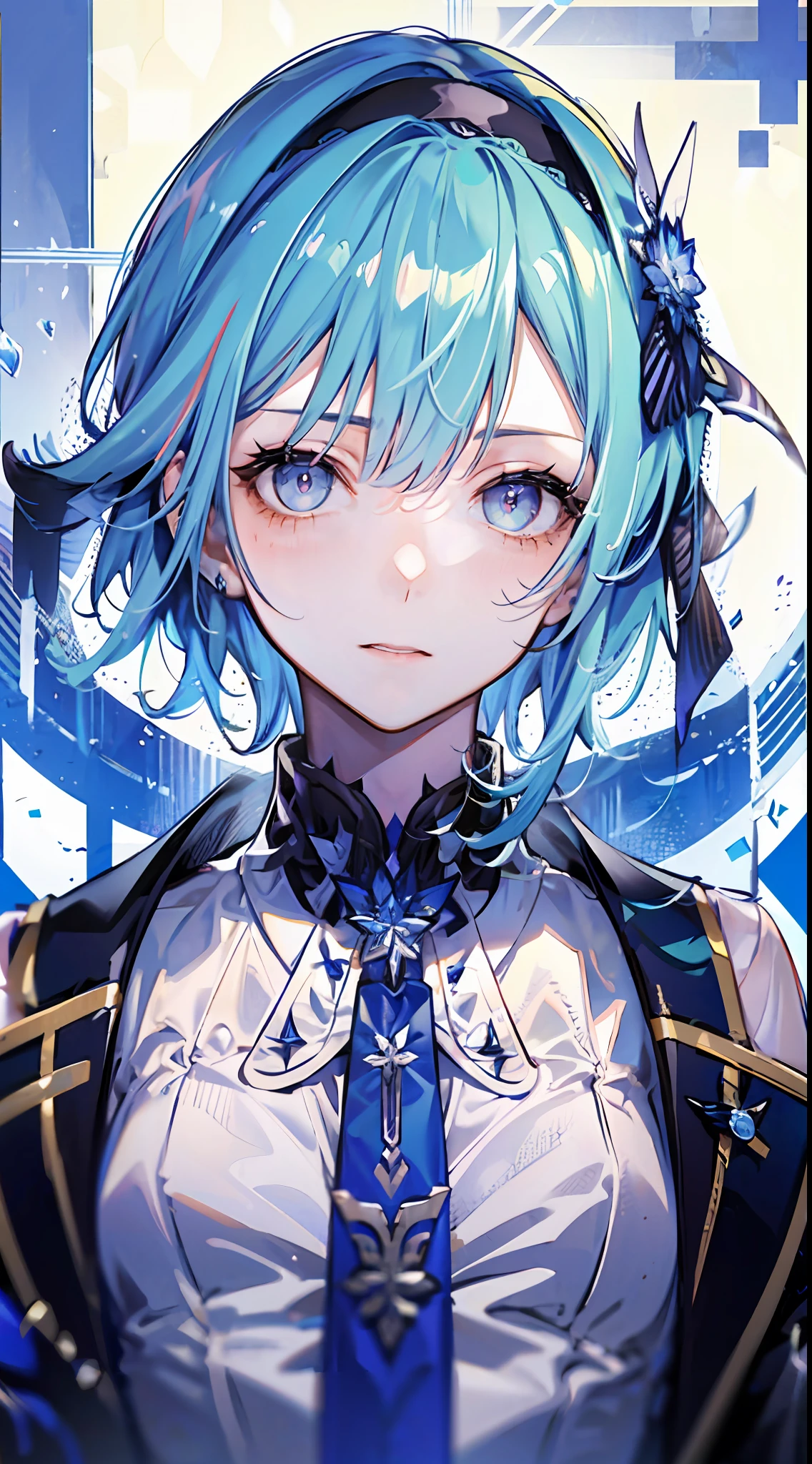 1girl, (solo:1.2), ((masterpiece)), [slim], (small chest), ((detailed eyes)), (bokeh effect), medium shot, euladef, (light blue hair), short hair, black hairband, (blue gloves), (blue tie), elegant